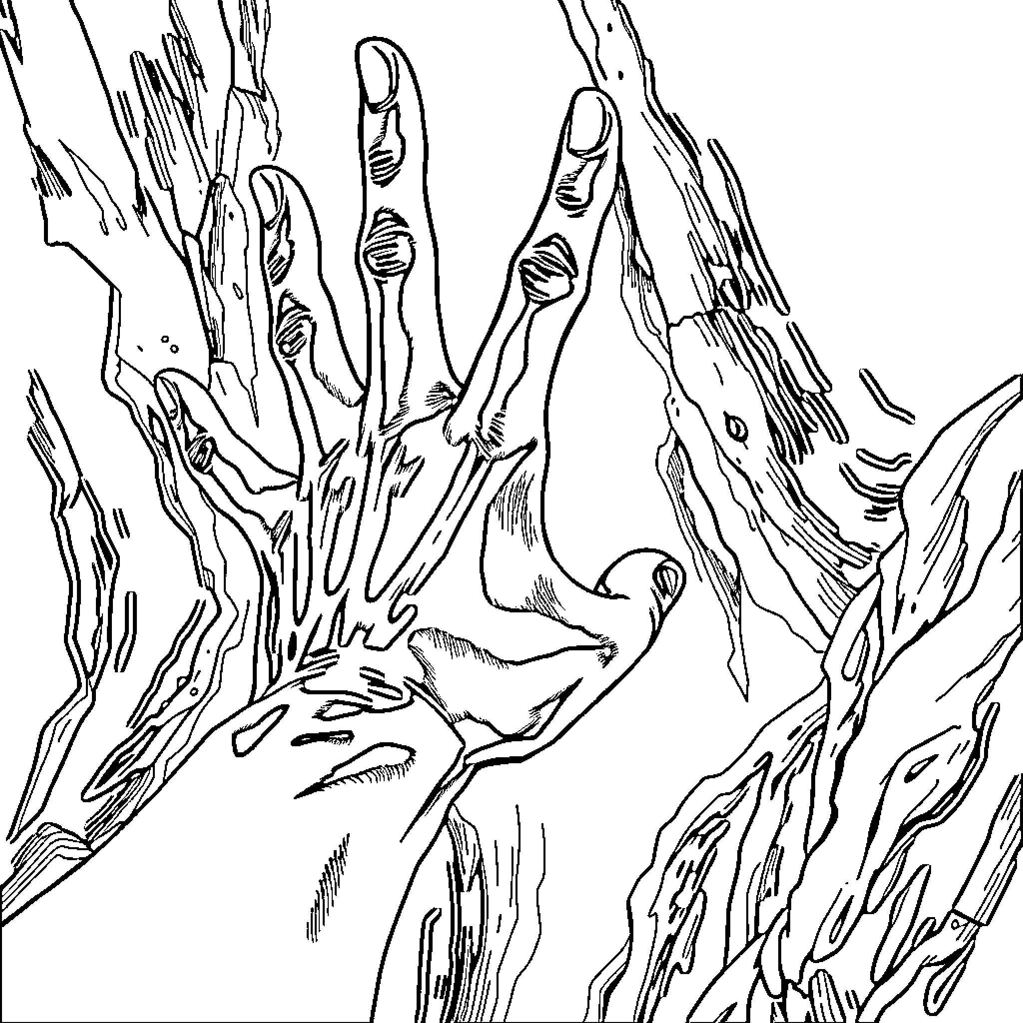 Balatro of Surreal Hand Formations Coloring Page (free black-and-white line drawing printable PDF for all, from beginners to advanced learners, including children, teens, adults, and seniors)