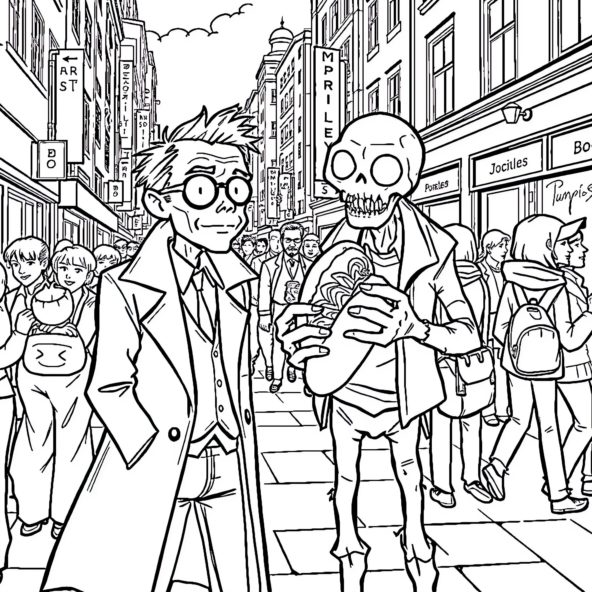 Martin Mystery on a Crowded Urban Street Coloring Page (free black-and-white line drawing printable PDF for all, from beginners to advanced learners, including children, teens, adults, and seniors)