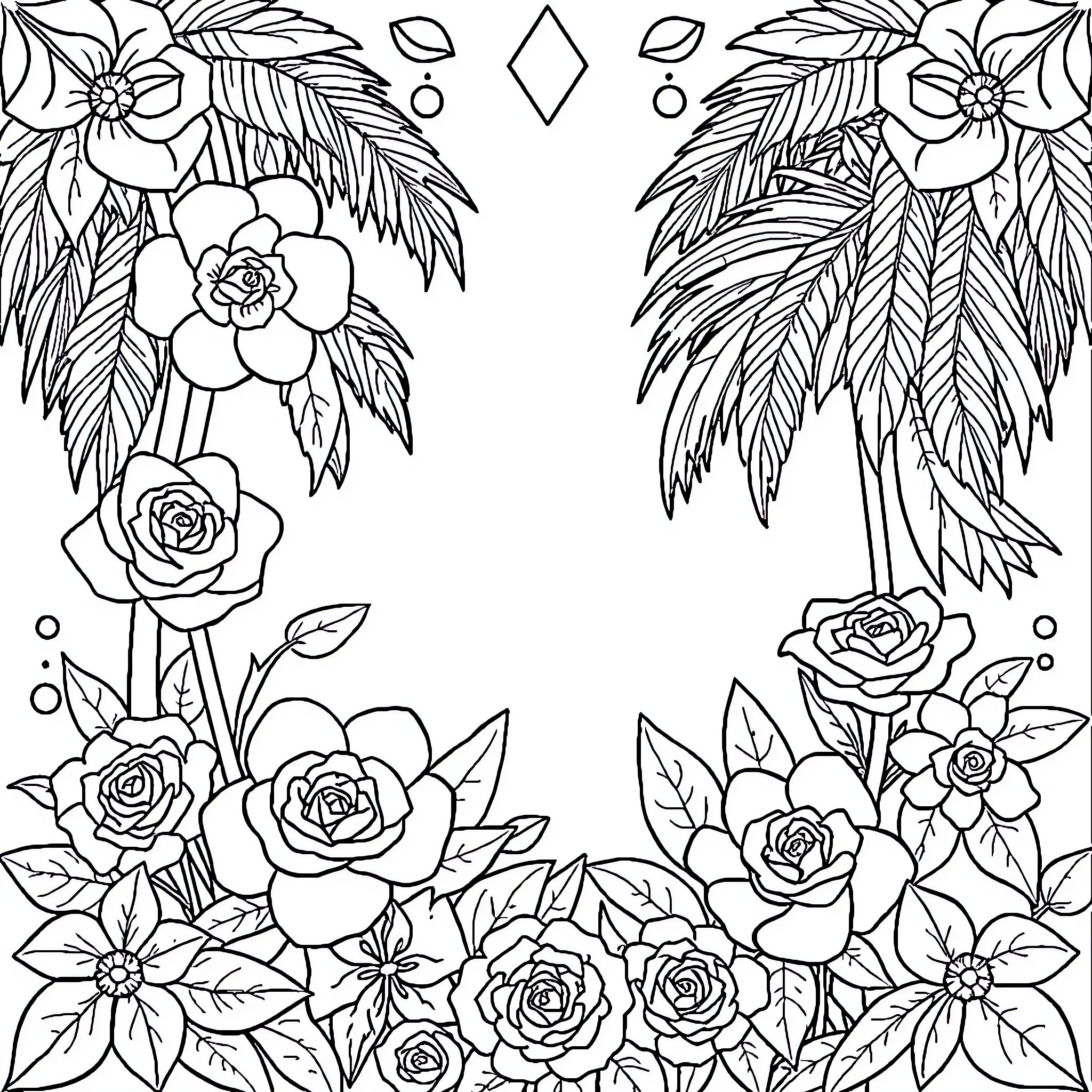 Mandala of Intricate Floral Patterns and Botanical Elements Coloring Page (free black-and-white line drawing printable PDF for all, from beginners to advanced learners, including children, teens, adults, and seniors)