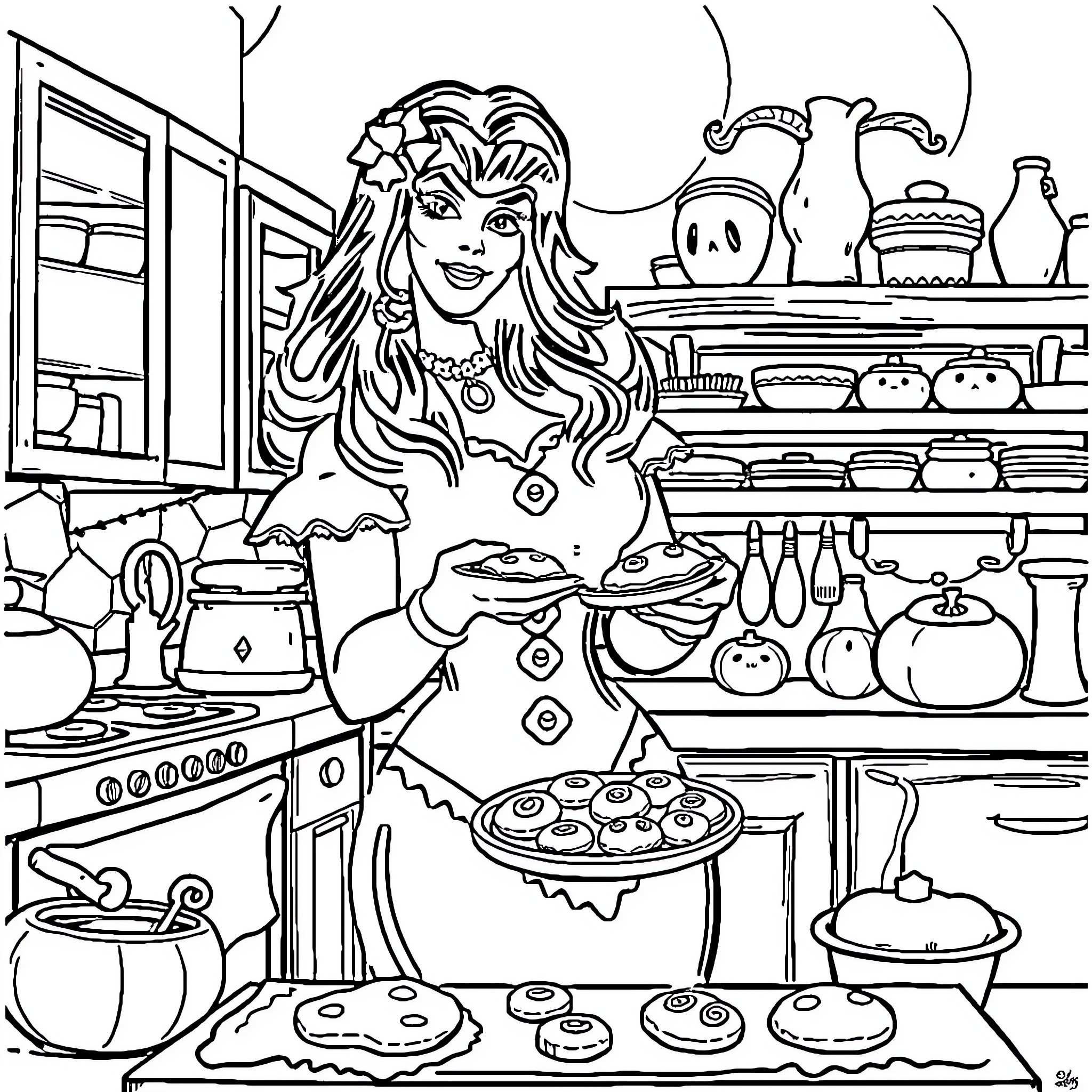 Elvira's Whimsical Kitchen Adventure Coloring Page (free black-and-white line drawing printable PDF for all, from beginners to advanced learners, including children, teens, adults, and seniors)