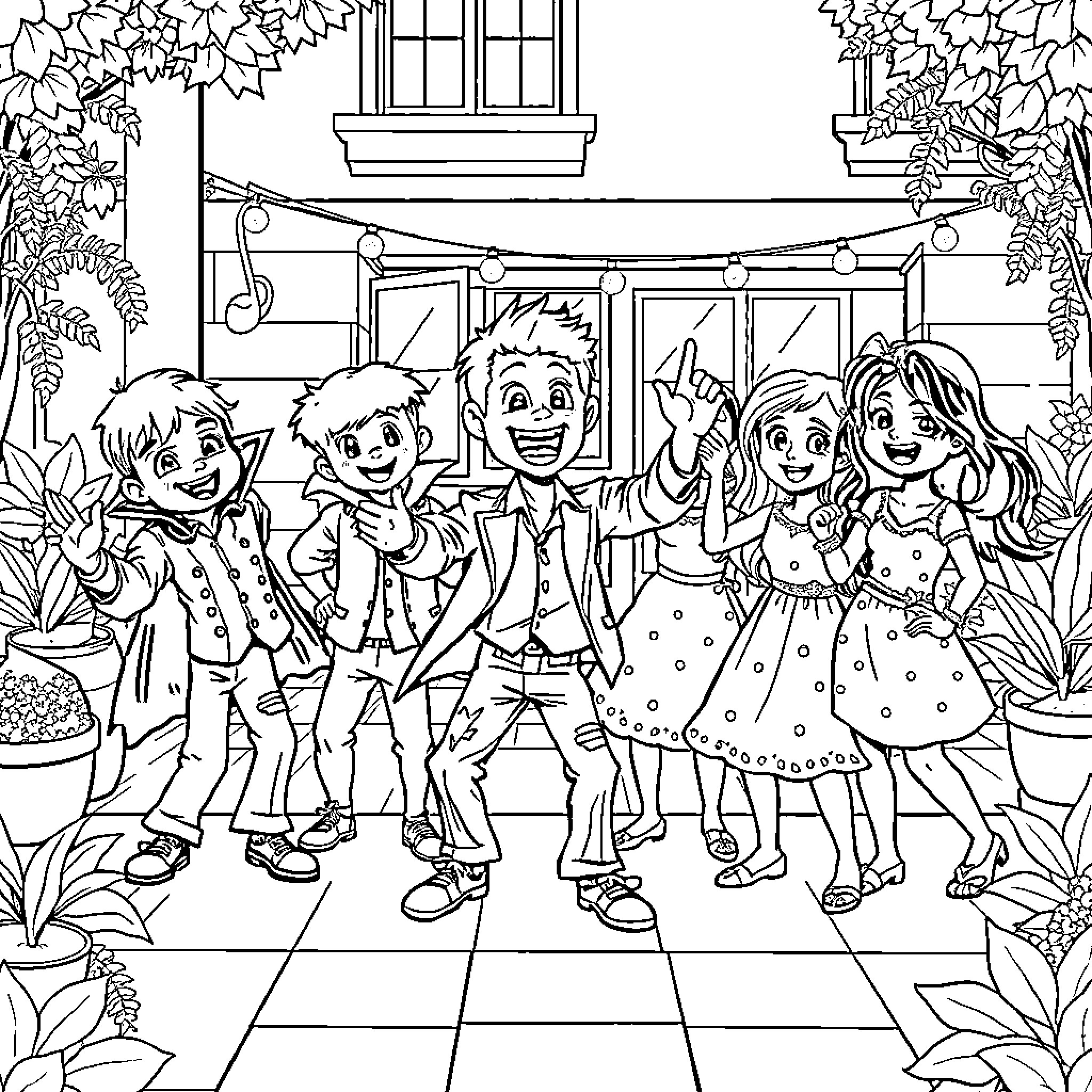 Niños celebrating a joyous party outdoors Coloring Page (free black-and-white line drawing printable PDF for all, from beginners to advanced learners, including children, teens, adults, and seniors)
