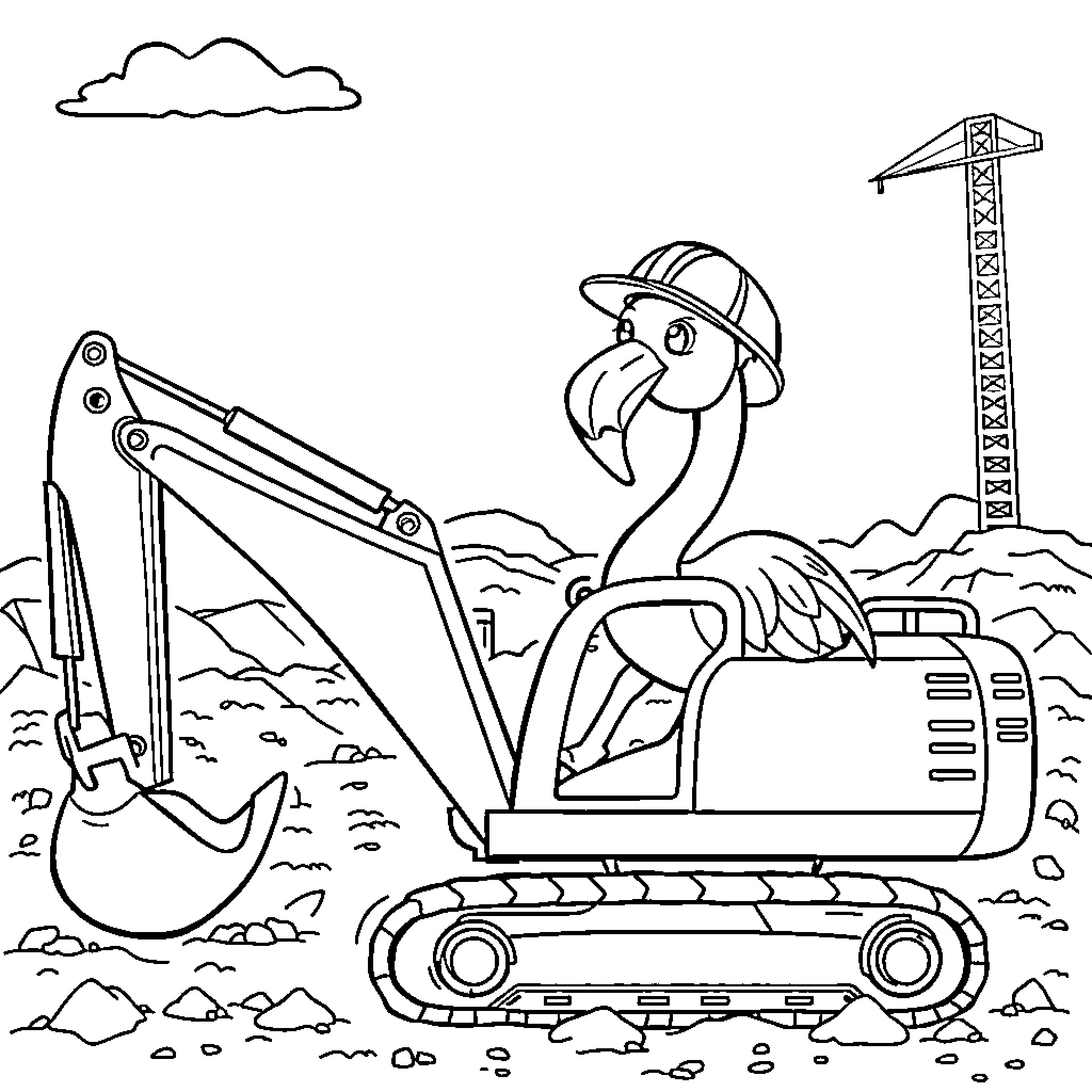 Flamingo operating construction equipment on worksite Coloring Page (free black-and-white line drawing printable PDF for all, from beginners to advanced learners, including children, teens, adults, and seniors)
