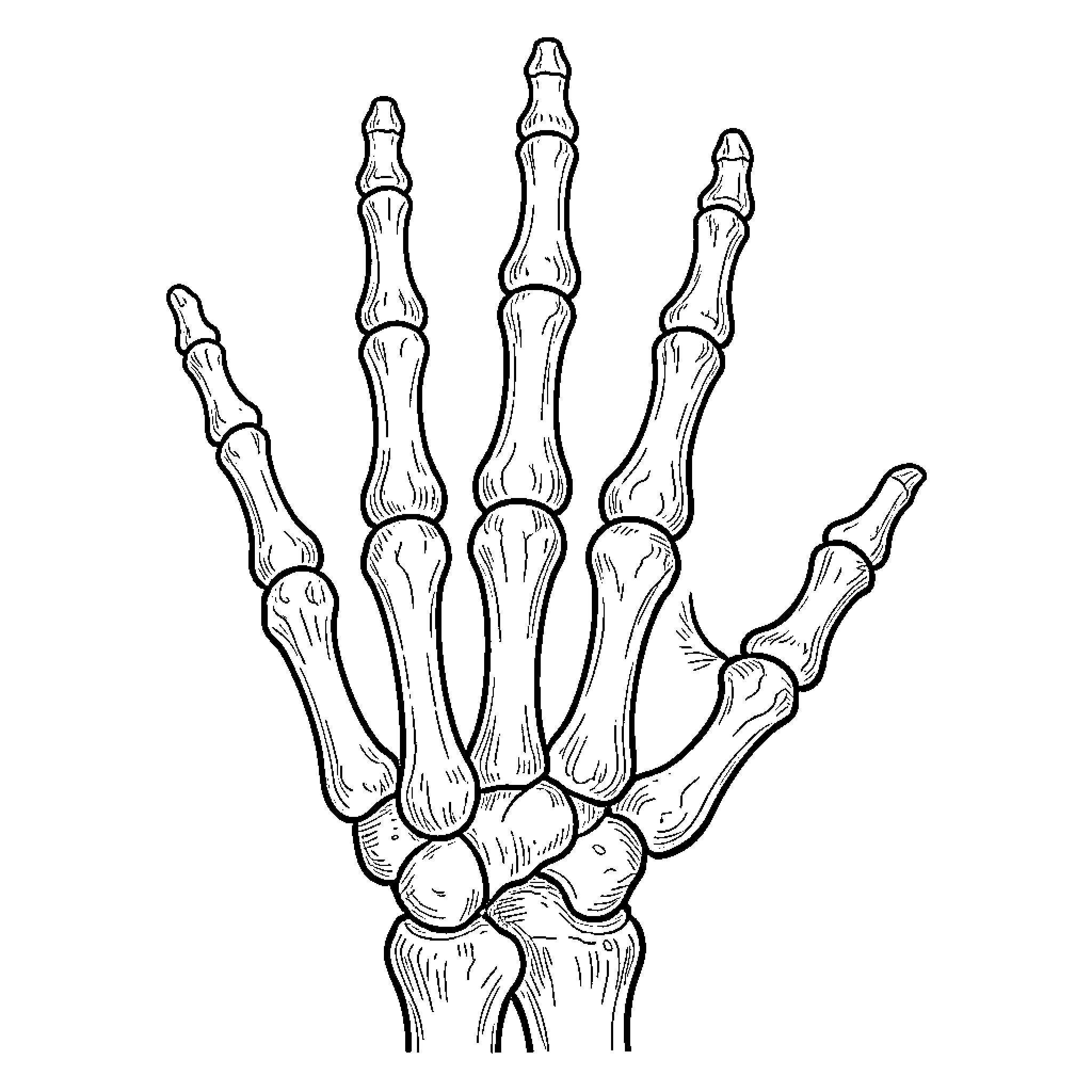 Hand Bone Anatomy Illustration Coloring Page (free black-and-white line drawing printable PDF for all, from beginners to advanced learners, including children, teens, adults, and seniors)