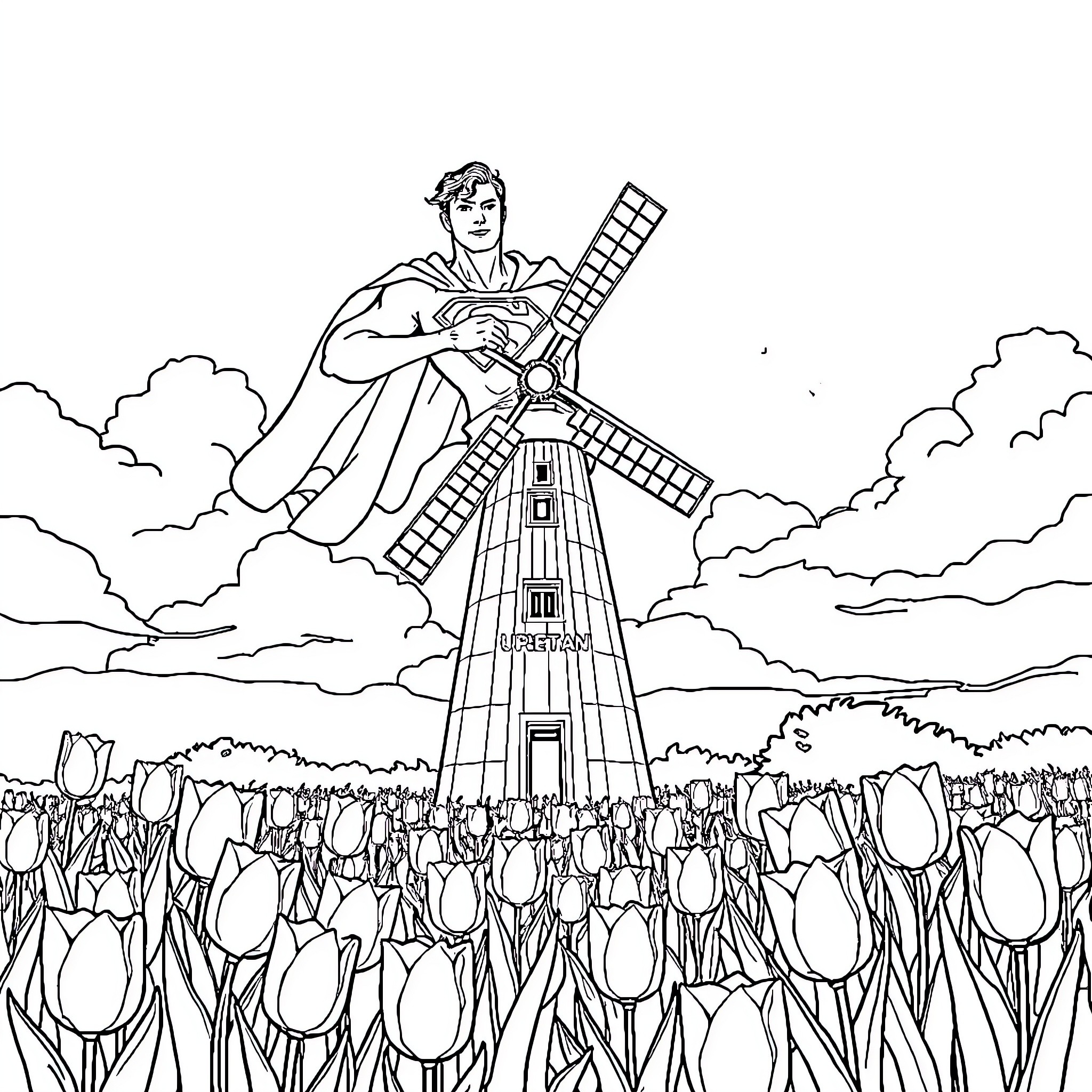Superman flying with guitar over tulip field and windmill Coloring Page (free black-and-white line drawing printable PDF for all, from beginners to advanced learners, including children, teens, adults, and seniors)