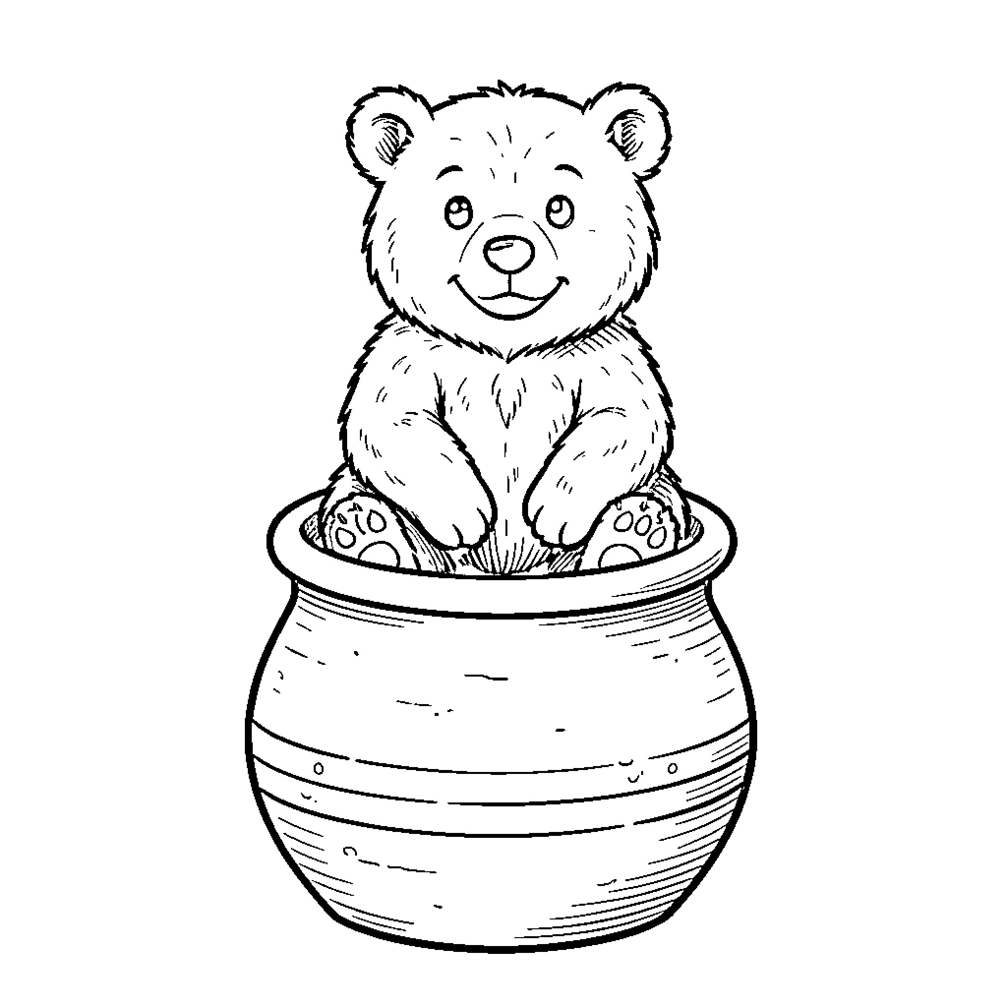 Brown Bear sitting inside a large pot smiling Coloring Page (free black-and-white line drawing printable PDF for all, from beginners to advanced learners, including children, teens, adults, and seniors)