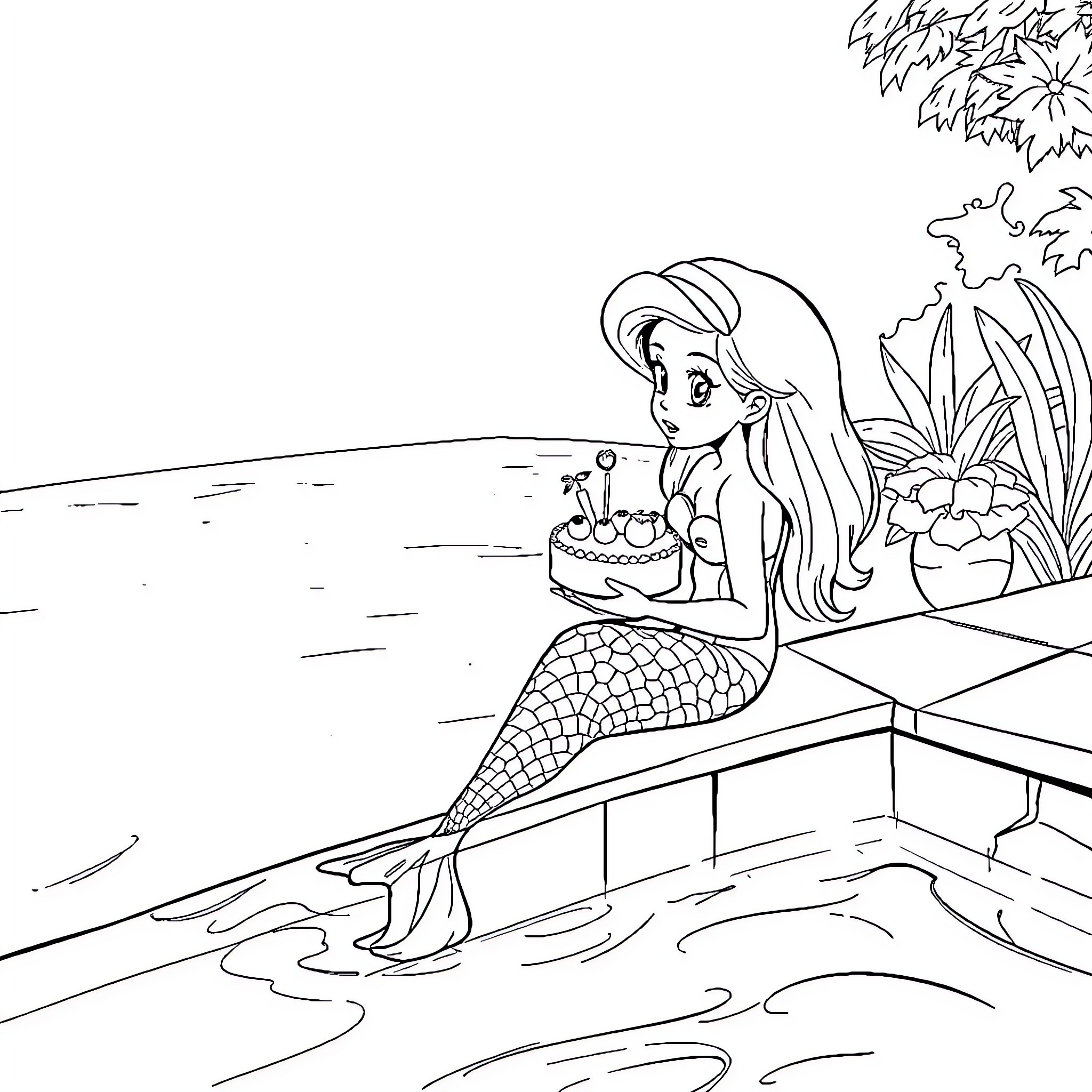 Siren celebrating her birthday by the sea Coloring Page (free black-and-white line drawing printable PDF for all, from beginners to advanced learners, including children, teens, adults, and seniors)