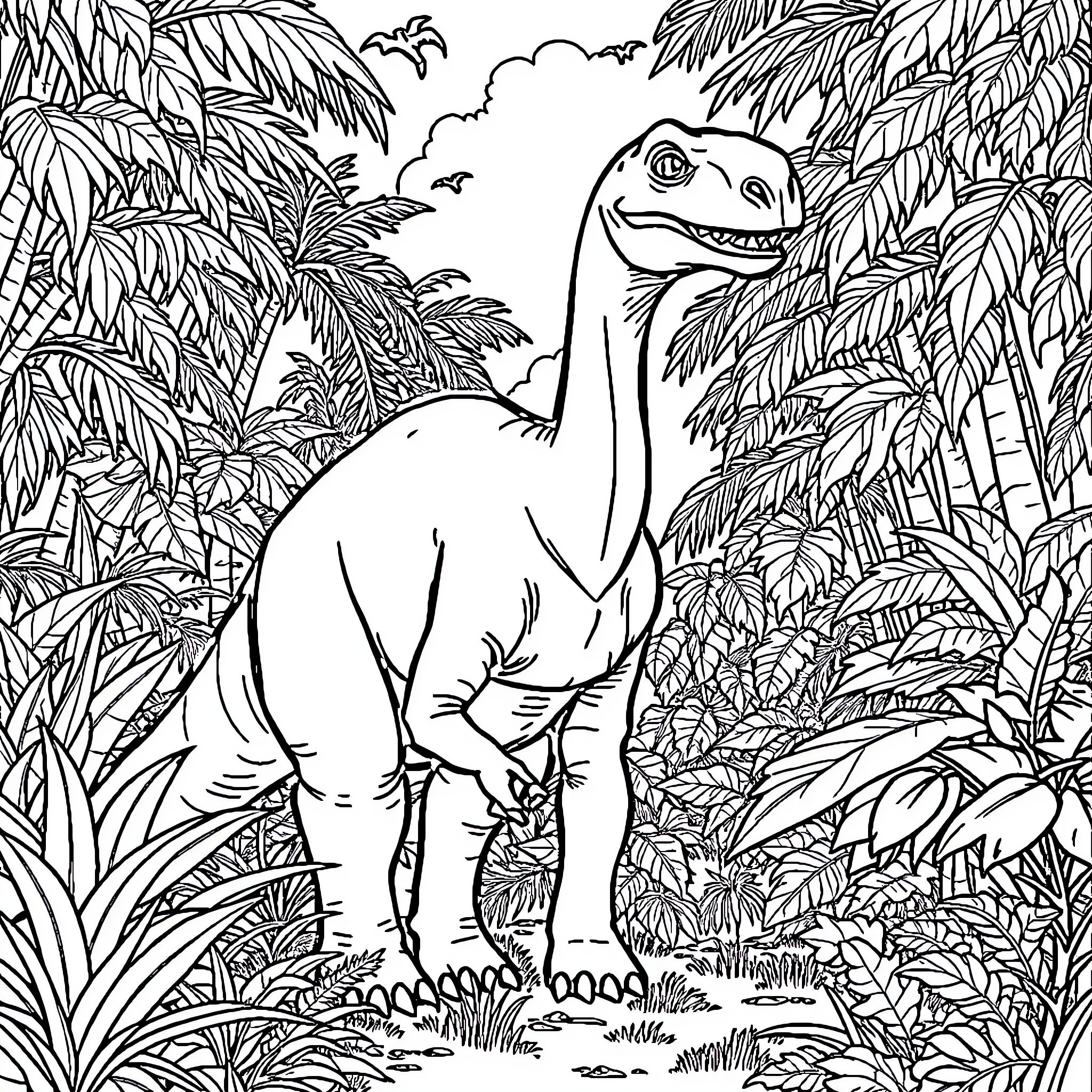 Dinosaur in the Lush Jungle Landscape Coloring Page (free black-and-white line drawing printable PDF for all, from beginners to advanced learners, including children, teens, adults, and seniors)