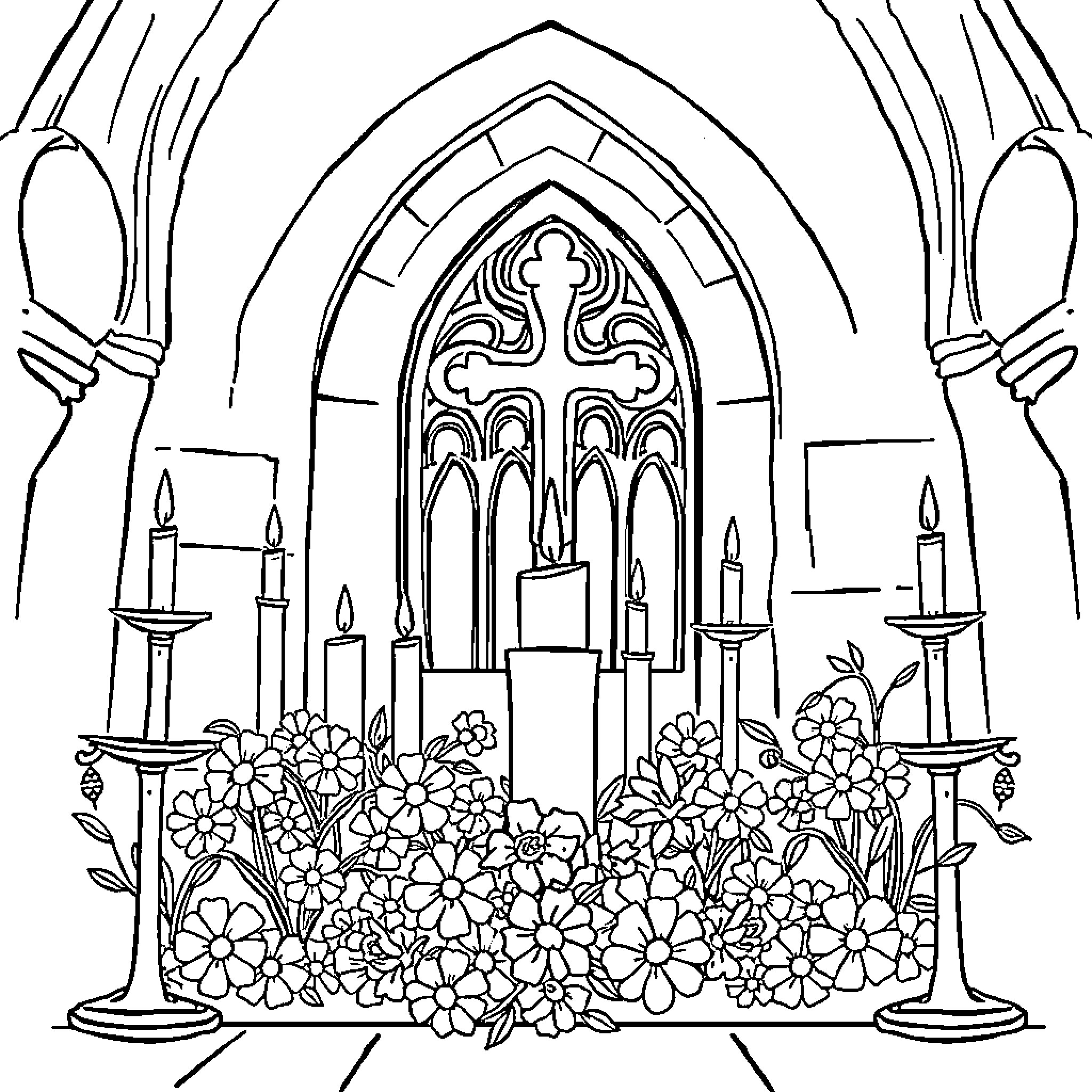 Saint's Reverent Altar of Ornate Splendor Coloring Page (free black-and-white line drawing printable PDF for all, from beginners to advanced learners, including children, teens, adults, and seniors)