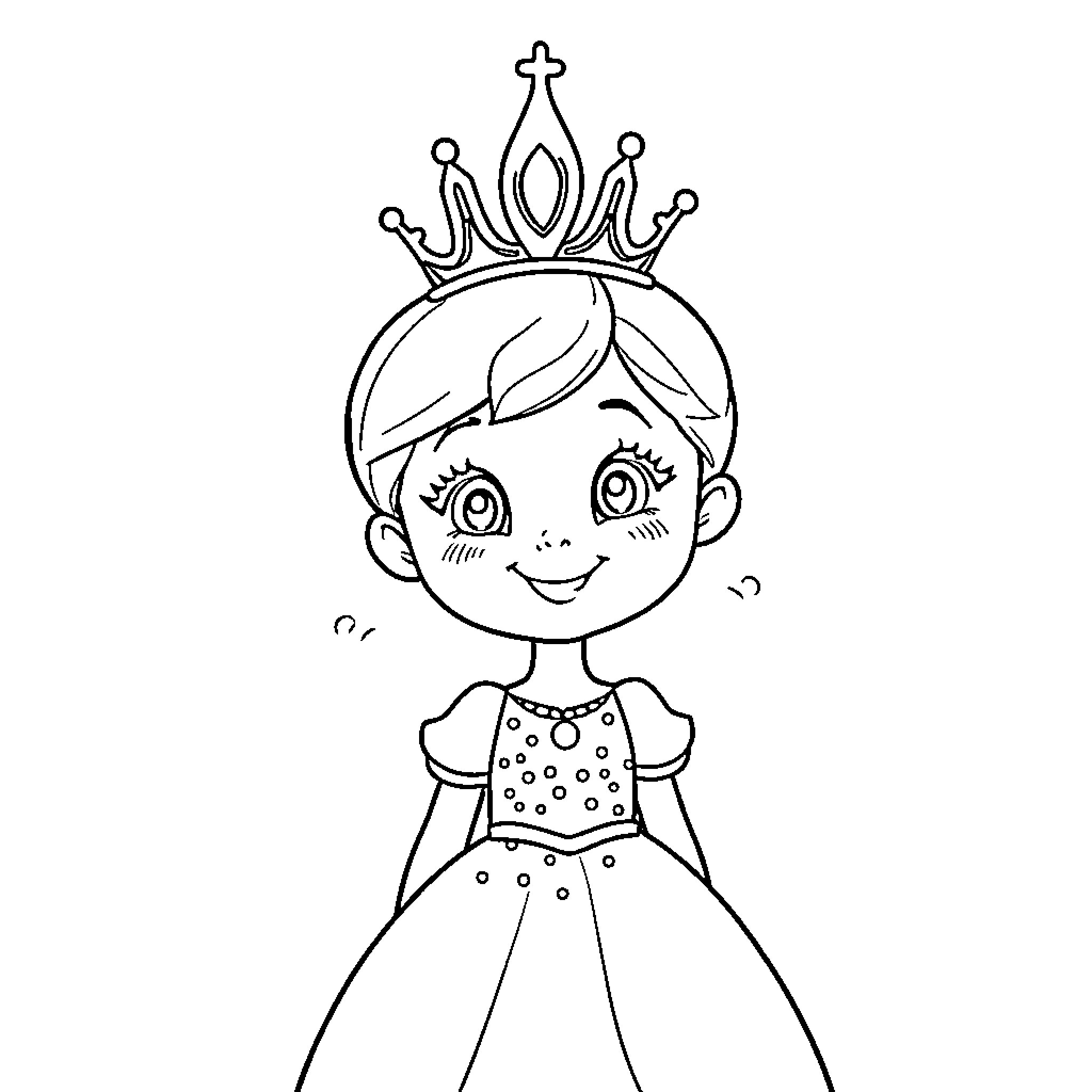 Princess Wearing Crown and Smiling Coloring Page (free black-and-white line drawing printable PDF for all, from beginners to advanced learners, including children, teens, adults, and seniors)