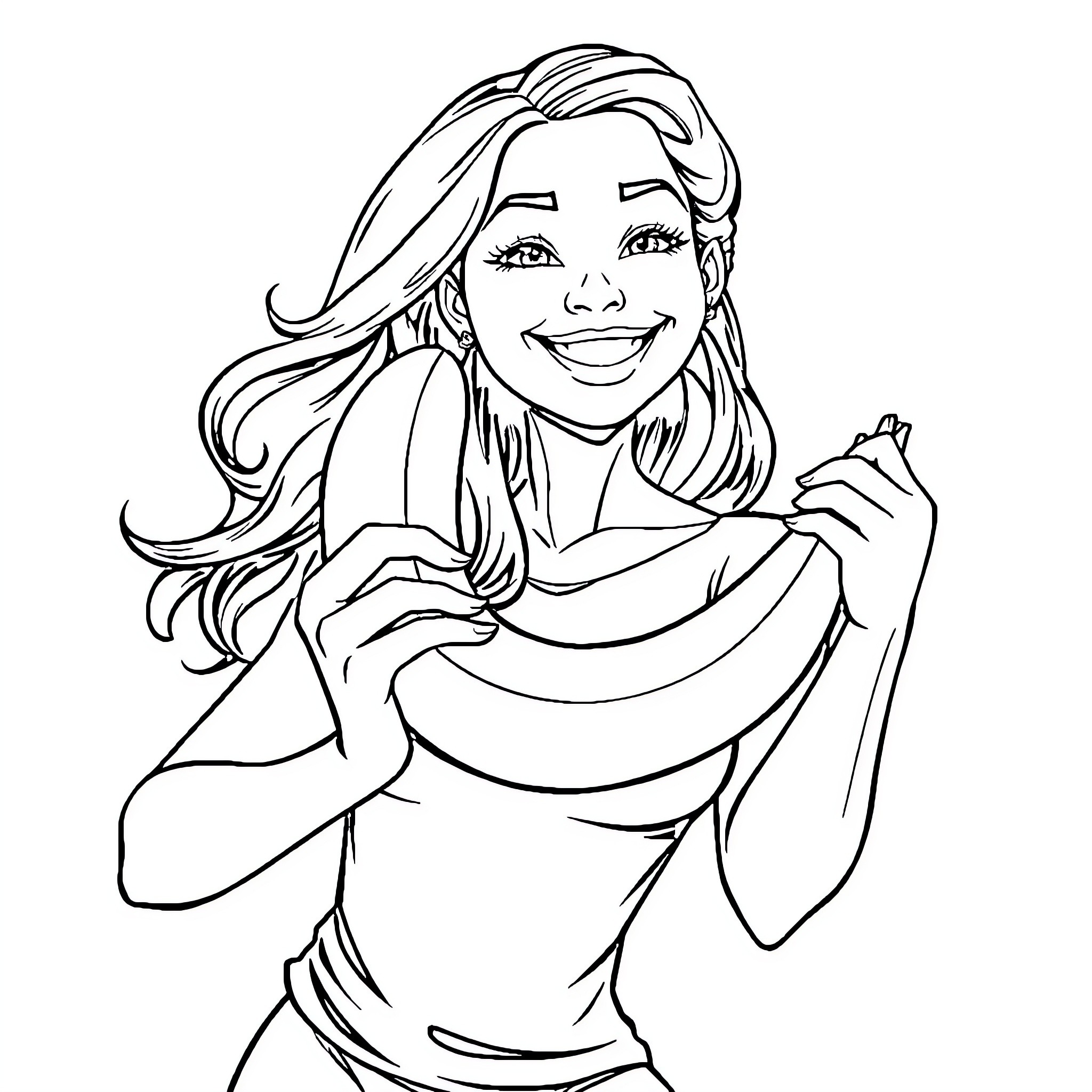 Lady with Flowing Hair and Joyful Expression Coloring Page (free black-and-white line drawing printable PDF for all, from beginners to advanced learners, including children, teens, adults, and seniors)