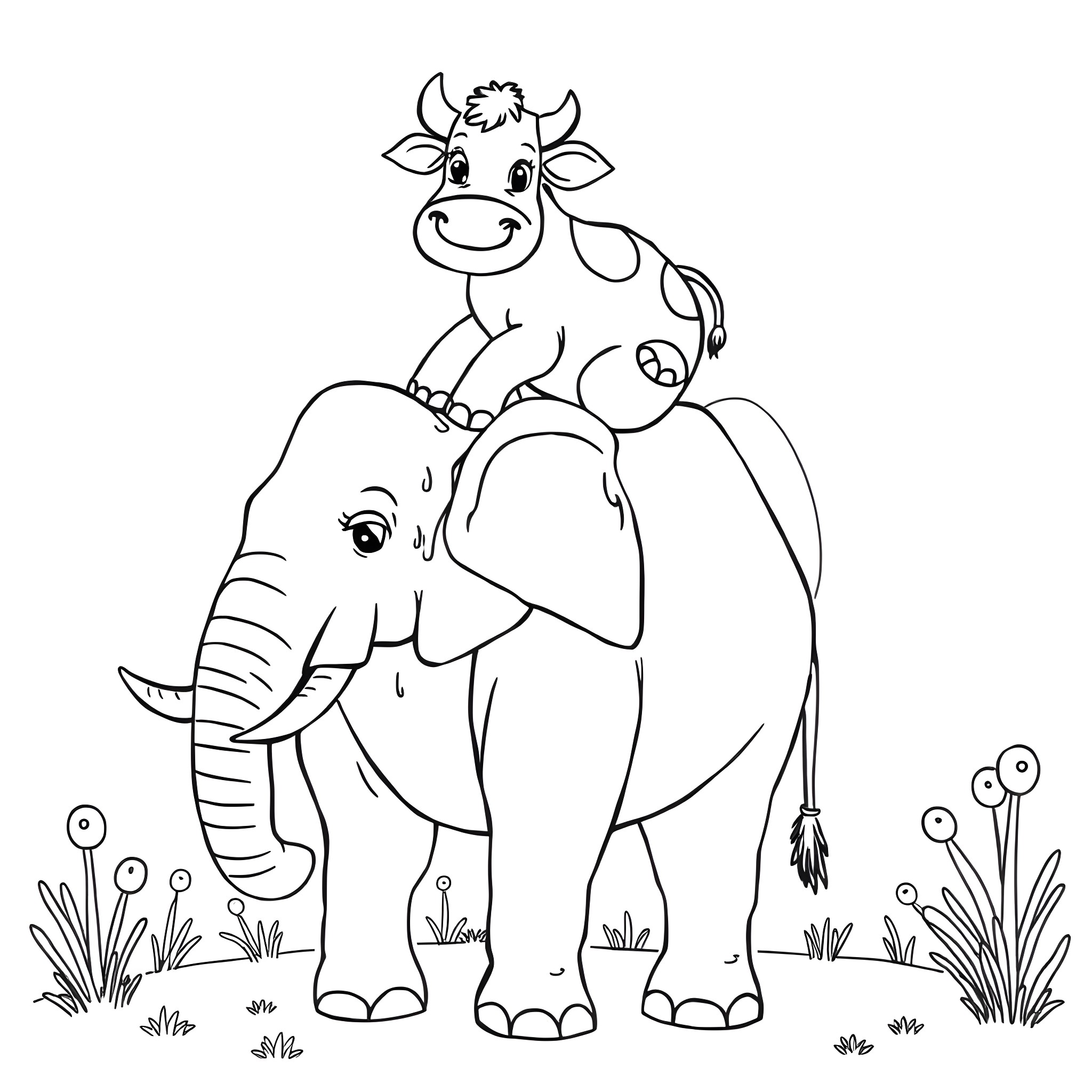 Cow and Elephant enjoying the outdoors Coloring Page (free black-and-white line drawing printable PDF for all, from beginners to advanced learners, including children, teens, adults, and seniors)