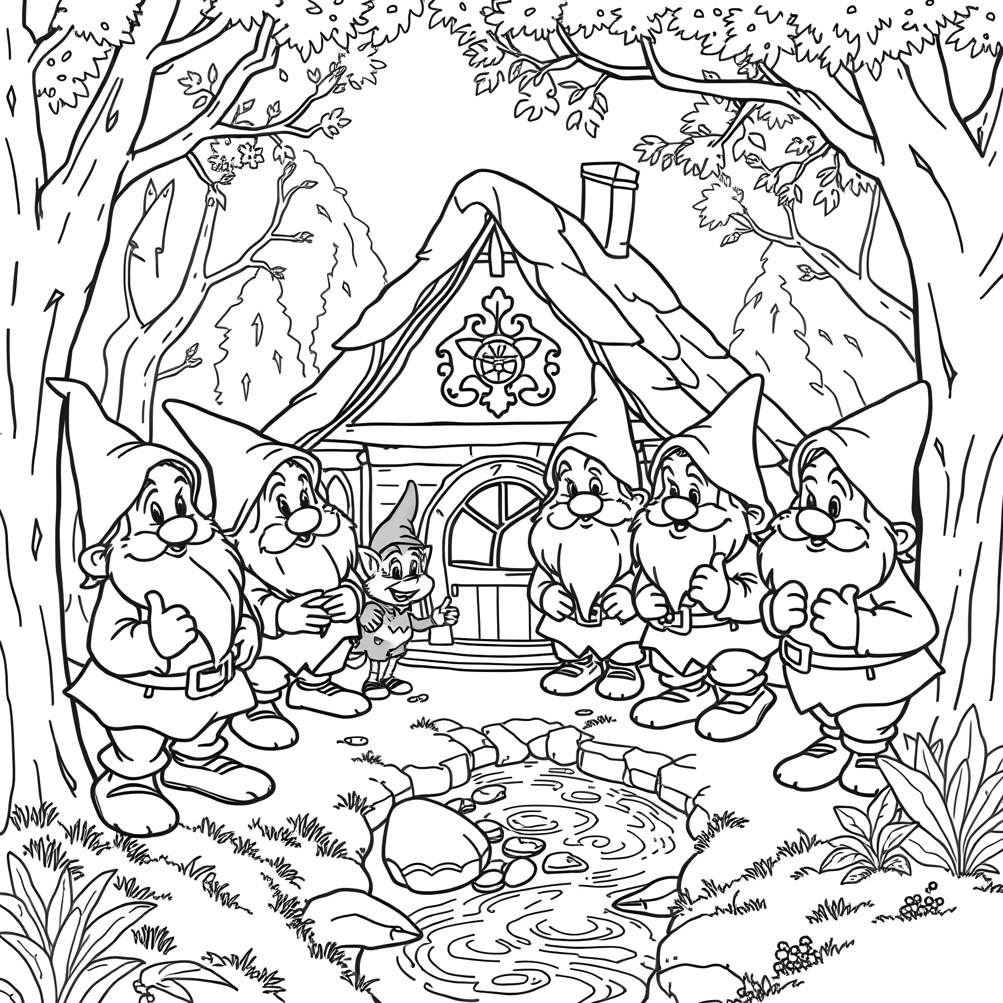 Dwarf characters enjoying a cozy cottage in the forest Coloring Page (free black-and-white line drawing printable PDF for all, from beginners to advanced learners, including children, teens, adults, and seniors)