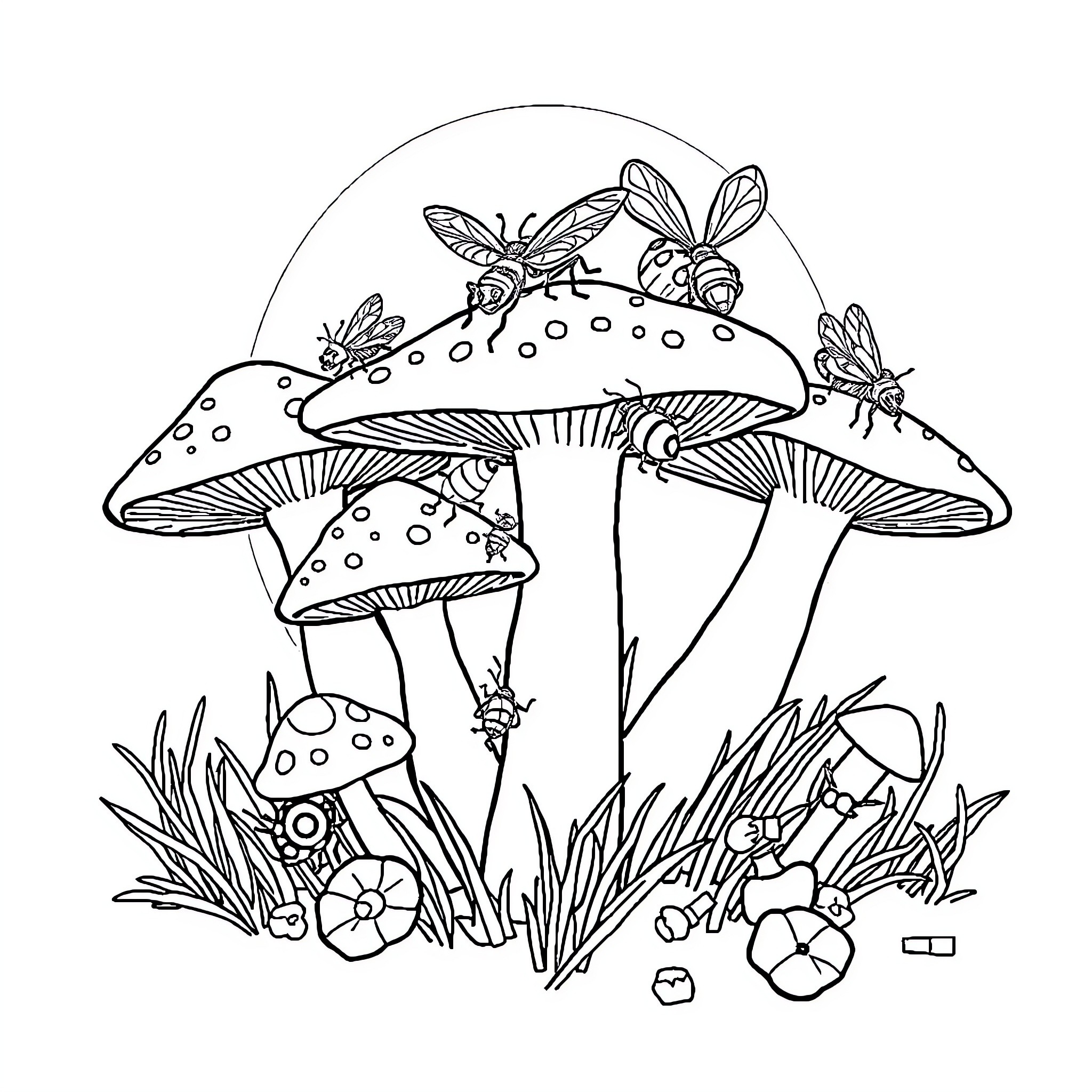 Bug Adventure in Mushroom Forest Coloring Page (free black-and-white line drawing printable PDF for all, from beginners to advanced learners, including children, teens, adults, and seniors)