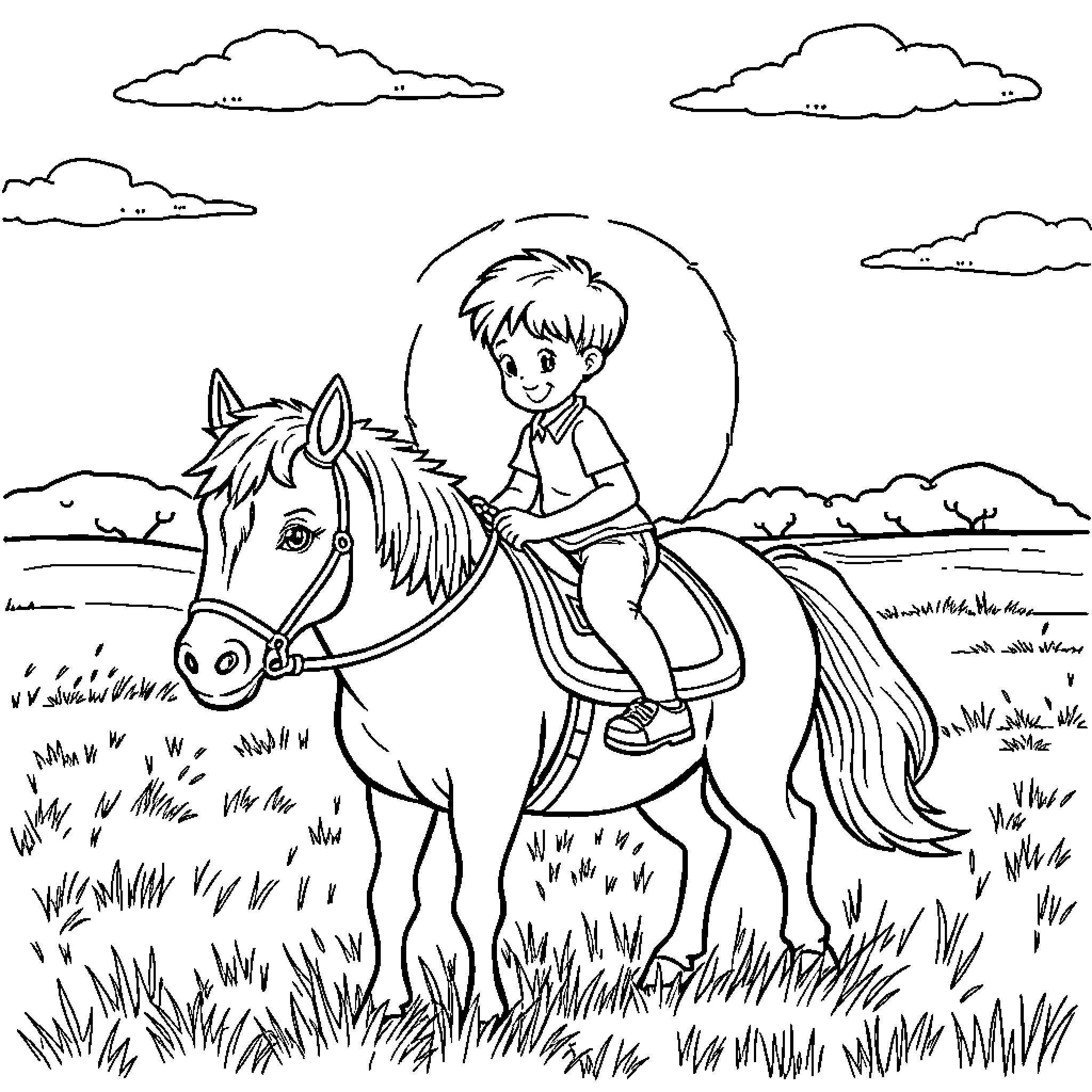 Boy riding a horse in a pastoral scene Coloring Page (free black-and-white line drawing printable PDF for all, from beginners to advanced learners, including children, teens, adults, and seniors)