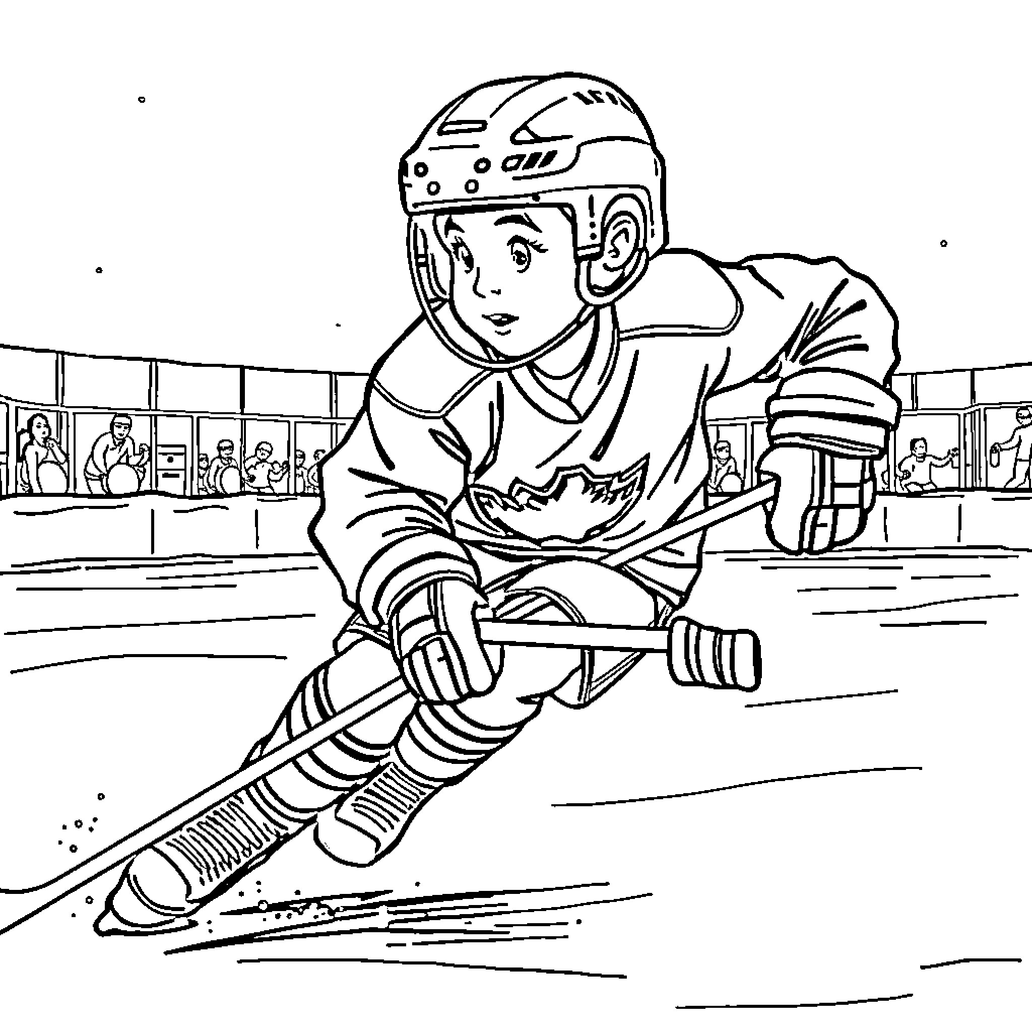Boy playing hockey on the ice rink Coloring Page (free black-and-white line drawing printable PDF for all, from beginners to advanced learners, including children, teens, adults, and seniors)