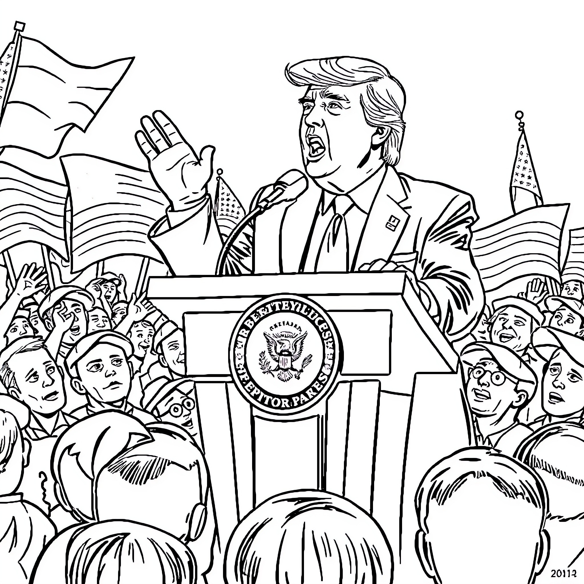 Donald Trump delivering a speech at a political rally Coloring Page (free black-and-white line drawing printable PDF for all, from beginners to advanced learners, including children, teens, adults, and seniors)