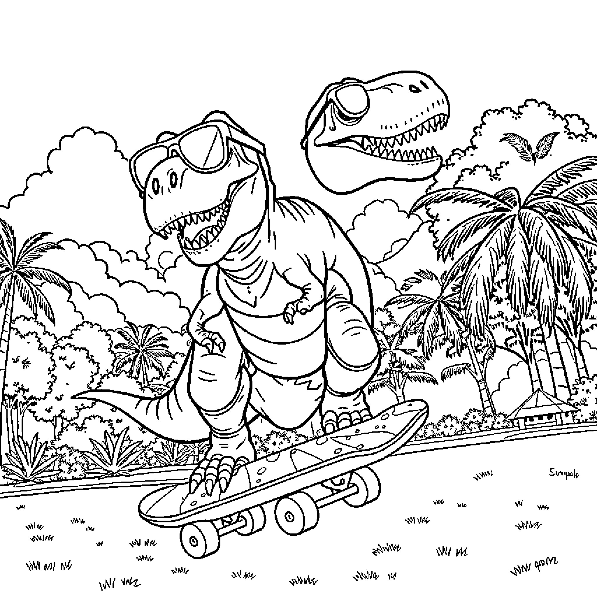 T-Rex skateboarding through a prehistoric landscape Coloring Page (free black-and-white line drawing printable PDF for all, from beginners to advanced learners, including children, teens, adults, and seniors)