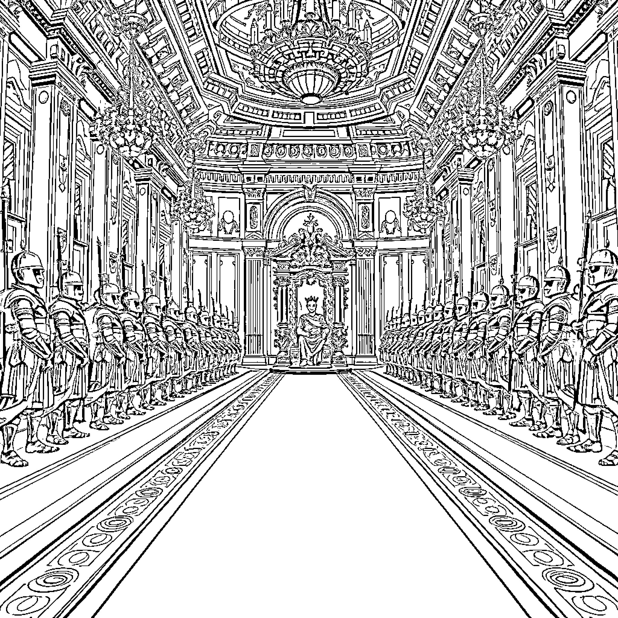 King's Ceremonial Hall with Ornate Decor and Regalia Coloring Page (free black-and-white line drawing printable PDF for all, from beginners to advanced learners, including children, teens, adults, and seniors)