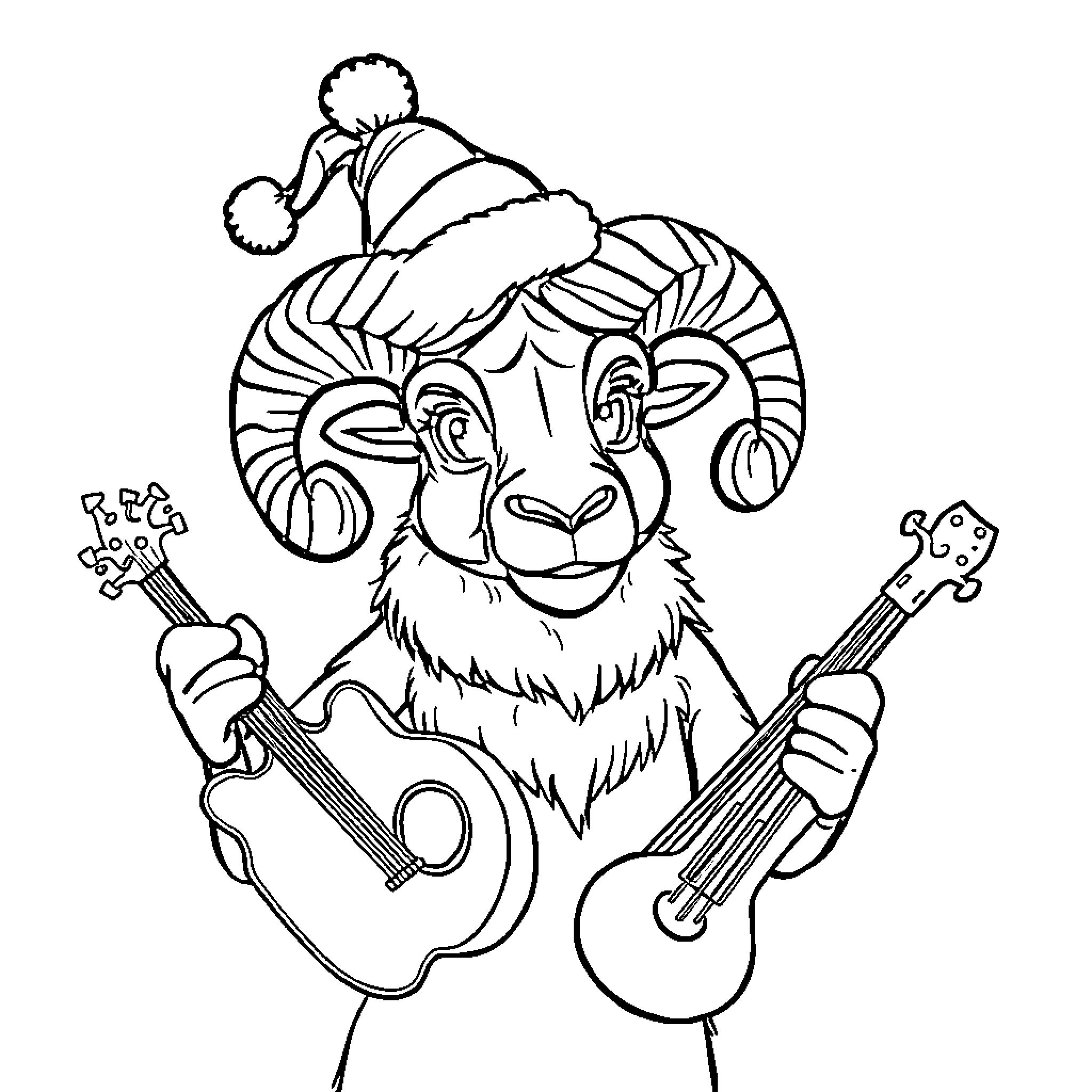 Ram playing guitar and holding keys Coloring Page (free black-and-white line drawing printable PDF for all, from beginners to advanced learners, including children, teens, adults, and seniors)