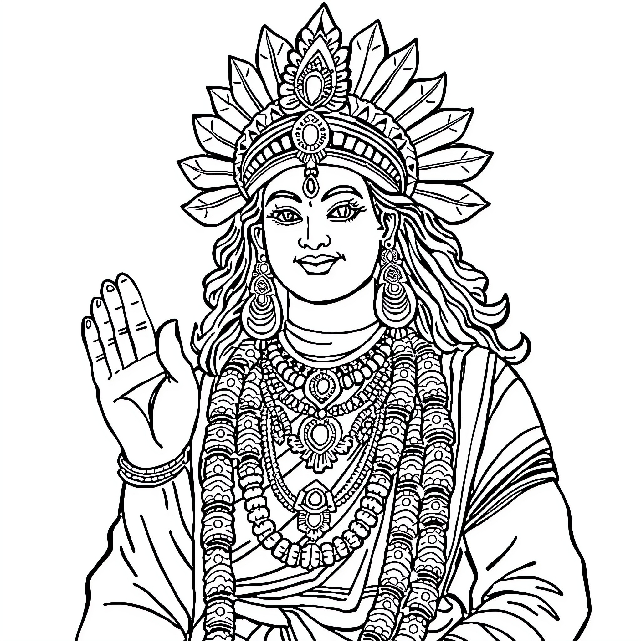 Indian God depicted in ornate attire and headdress Coloring Page (free black-and-white line drawing printable PDF for all, from beginners to advanced learners, including children, teens, adults, and seniors)