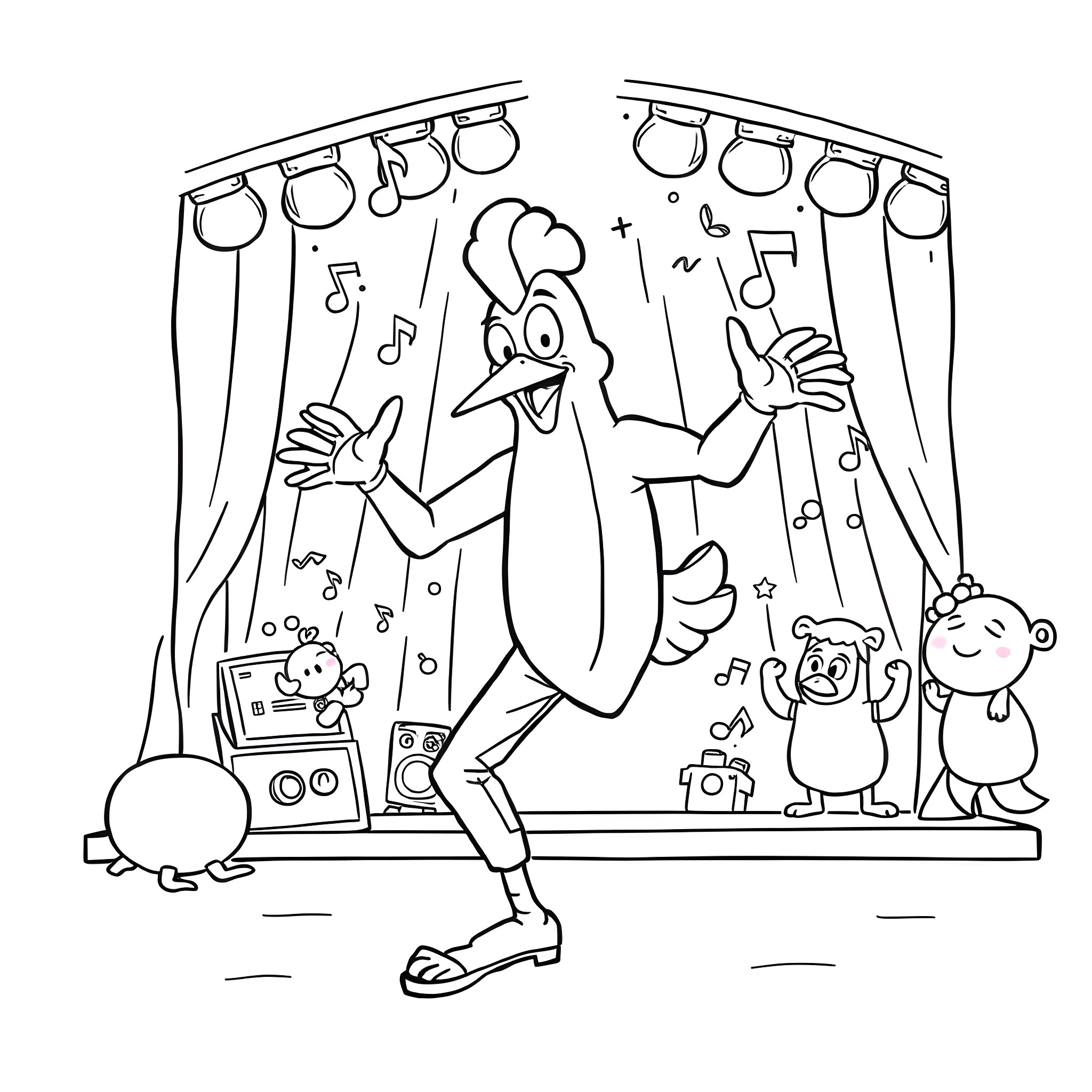 Ken's Comedic Performance with Animal Companions Coloring Page (free black-and-white line drawing printable PDF for all, from beginners to advanced learners, including children, teens, adults, and seniors)