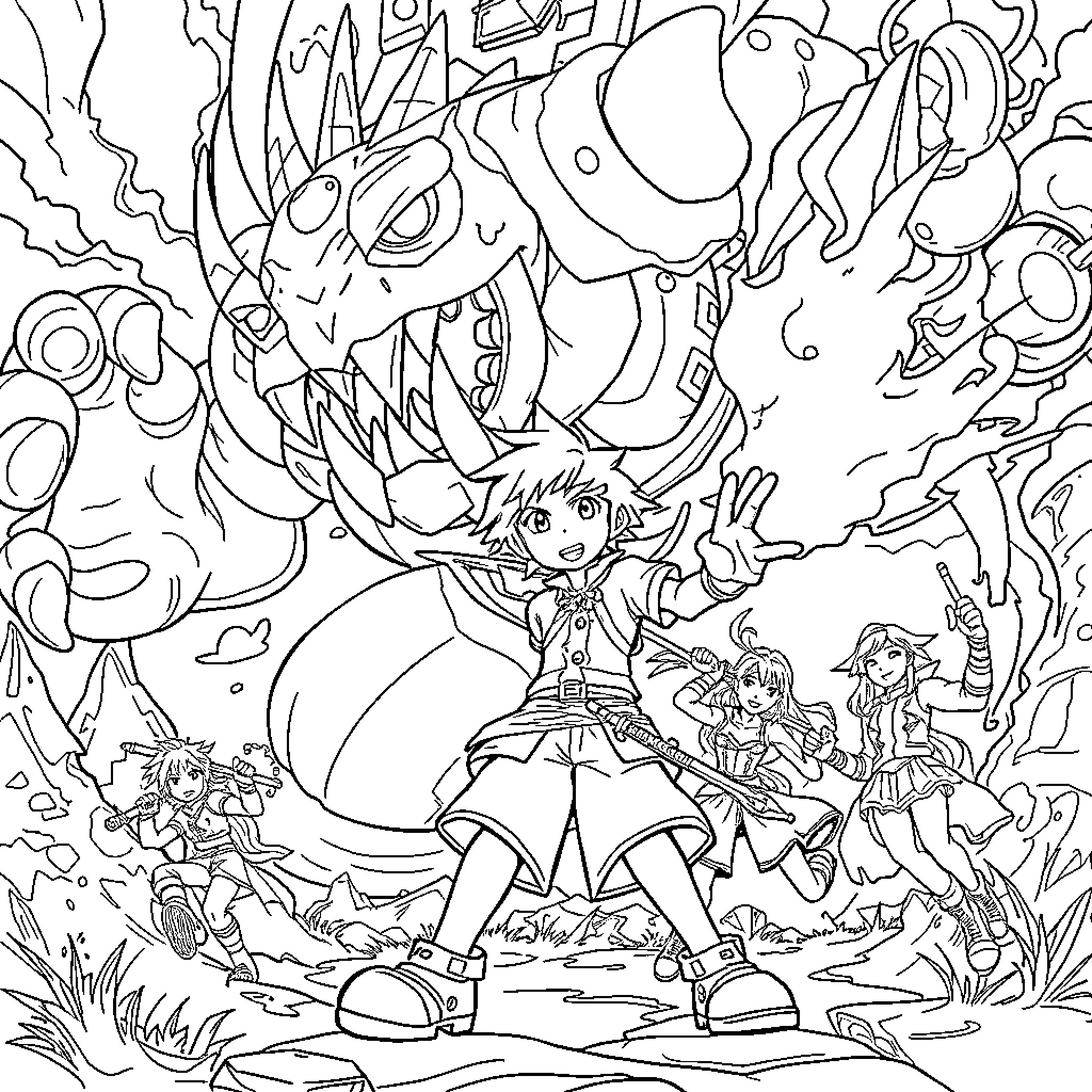 Sora battles against mythical creatures in a fantastical world Coloring Page (free black-and-white line drawing printable PDF for all, from beginners to advanced learners, including children, teens, adults, and seniors)
