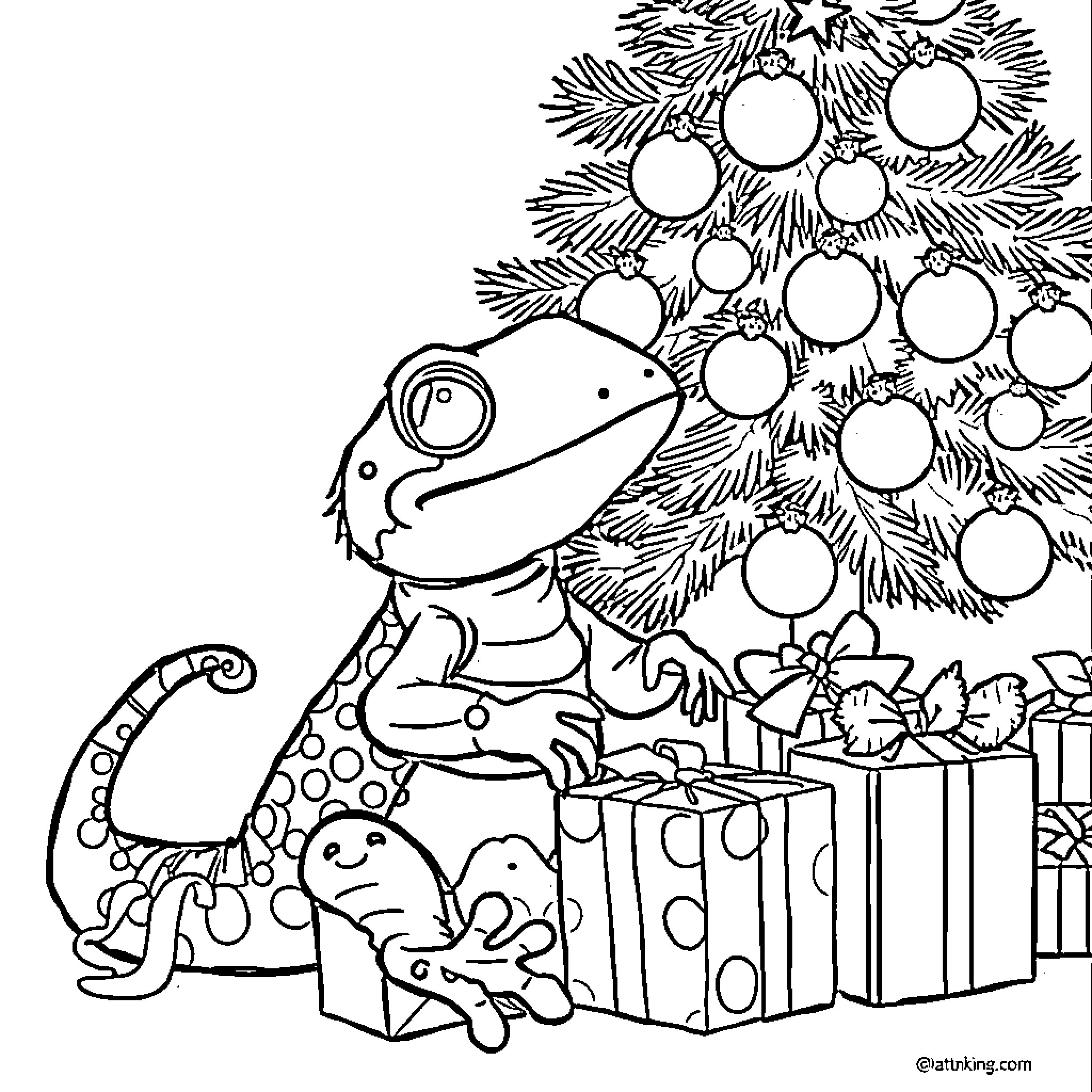 Salamander enjoying Christmas decorations and gifts Coloring Page (free black-and-white line drawing printable PDF for all, from beginners to advanced learners, including children, teens, adults, and seniors)