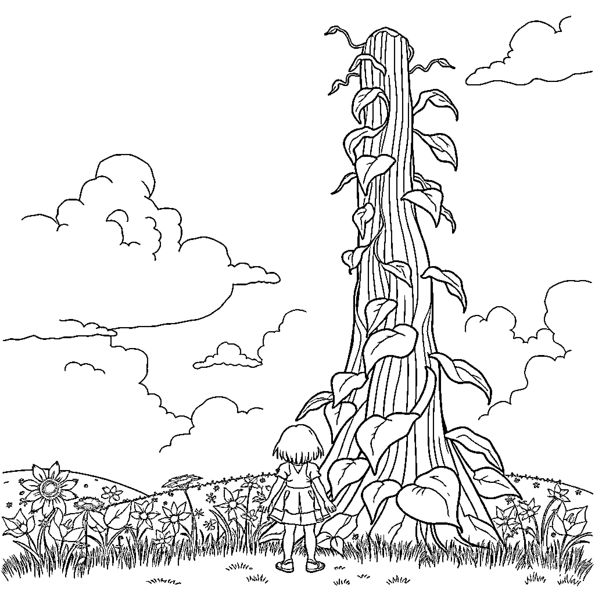 Girl exploring magical beanstalk in lush meadow Coloring Page (free black-and-white line drawing printable PDF for all, from beginners to advanced learners, including children, teens, adults, and seniors)