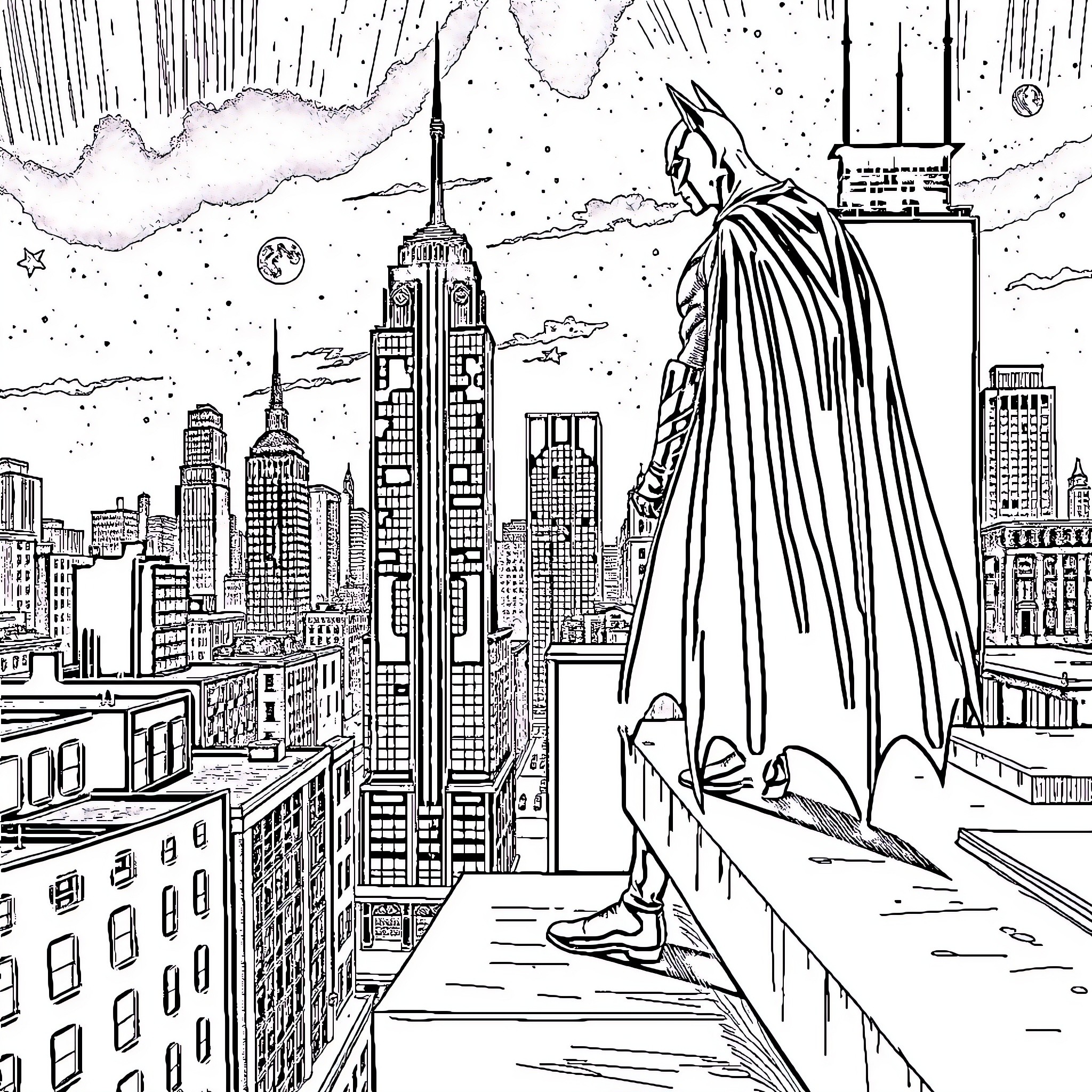 Batman overlooking the city skyline at night Coloring Page (free black-and-white line drawing printable PDF for all, from beginners to advanced learners, including children, teens, adults, and seniors)