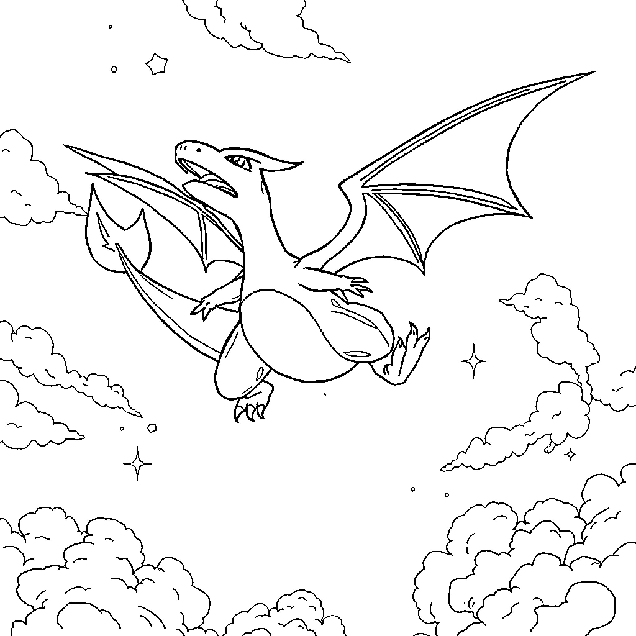 Charizard soaring through the cloudy night sky Coloring Page (free black-and-white line drawing printable PDF for all, from beginners to advanced learners, including children, teens, adults, and seniors)