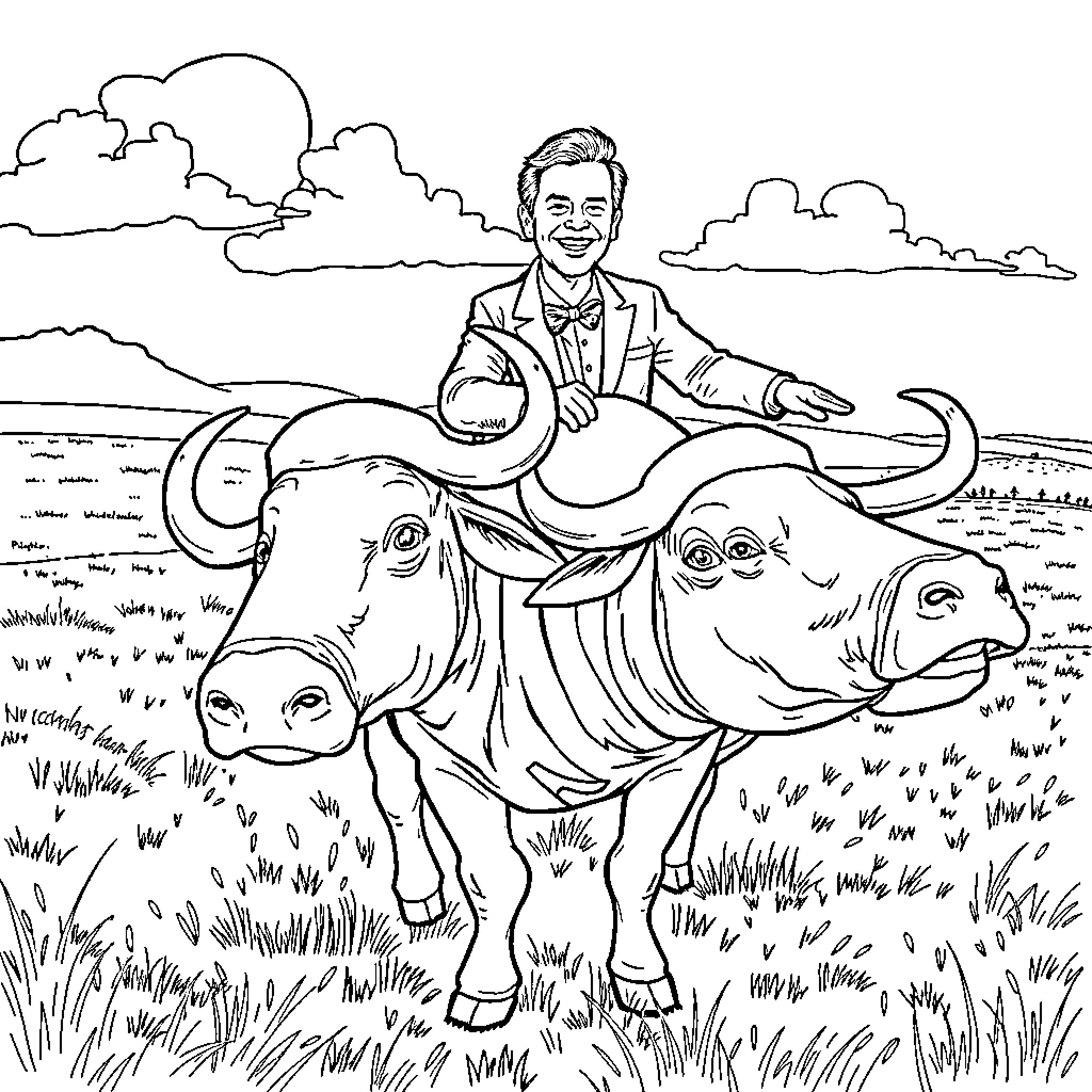 Conan O'Brien riding on the backs of playful buffalos Coloring Page (free black-and-white line drawing printable PDF for all, from beginners to advanced learners, including children, teens, adults, and seniors)