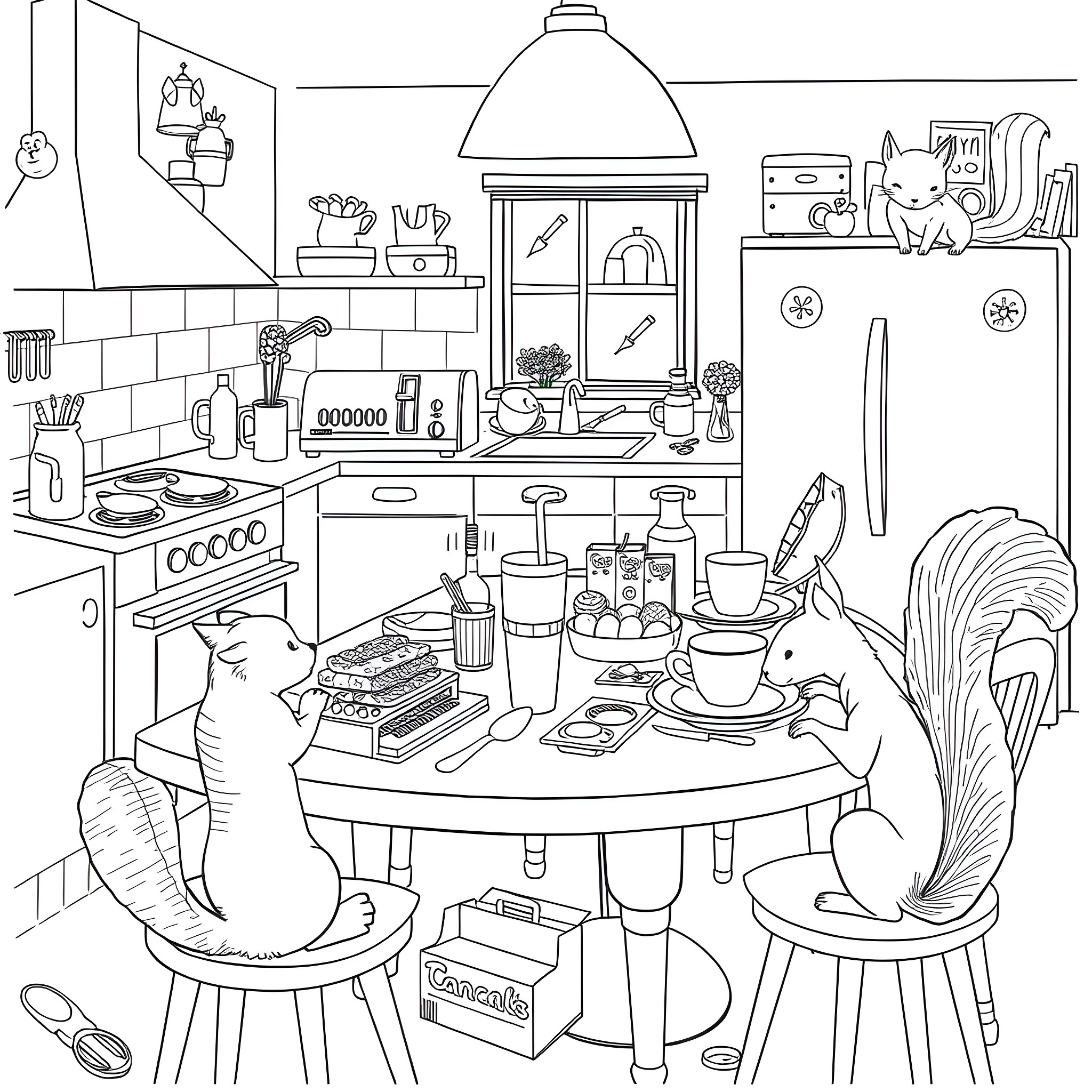 Cats Enjoying a Cozy Kitchen Scene Coloring Page (free black-and-white line drawing printable PDF for all, from beginners to advanced learners, including children, teens, adults, and seniors)