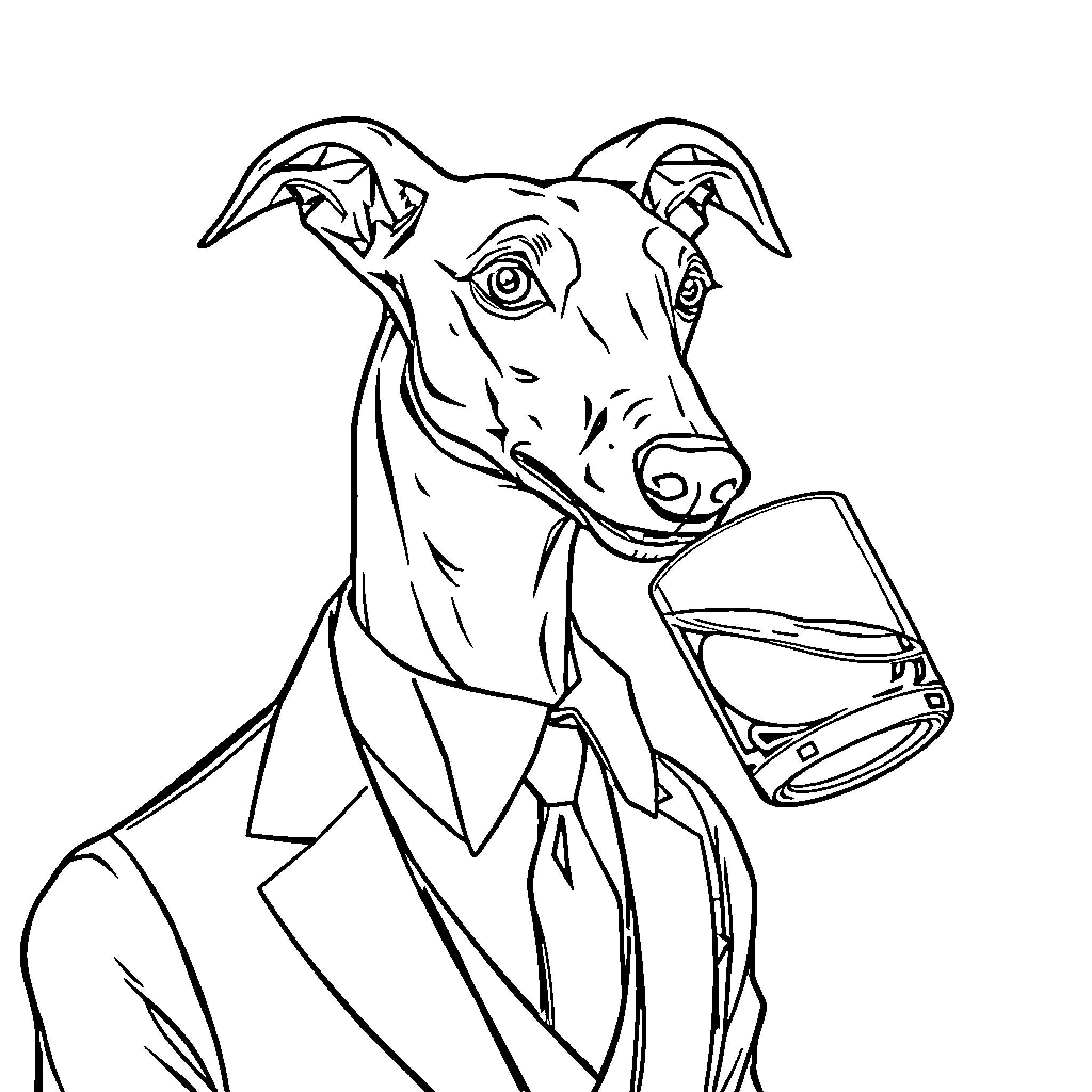 Greyhound in Formal Attire Holding a Briefcase Coloring Page (free black-and-white line drawing printable PDF for all, from beginners to advanced learners, including children, teens, adults, and seniors)