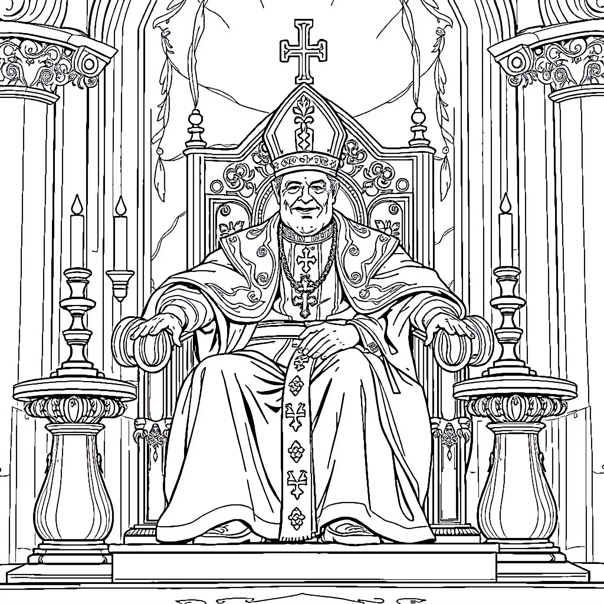 Papa in Papal Regalia on Ornate Throne Coloring Page (free black-and-white line drawing printable PDF for all, from beginners to advanced learners, including children, teens, adults, and seniors)