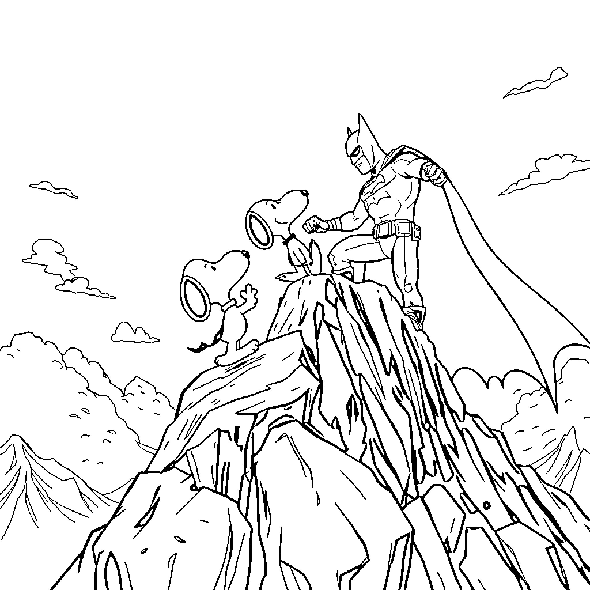 Batman stands heroically atop a rocky mountain Coloring Page (free black-and-white line drawing printable PDF for all, from beginners to advanced learners, including children, teens, adults, and seniors)