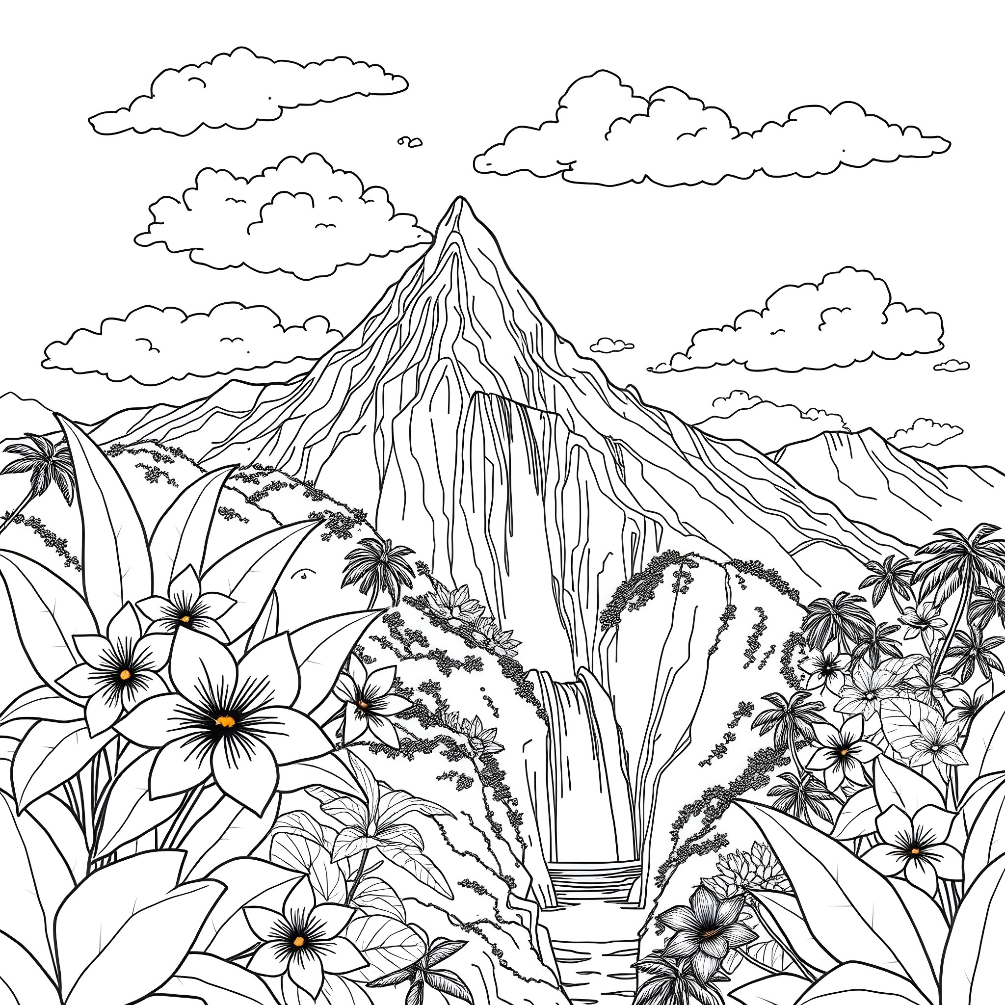 Mountain scene with tropical flowers and waterfall Coloring Page (free black-and-white line drawing printable PDF for all, from beginners to advanced learners, including children, teens, adults, and seniors)