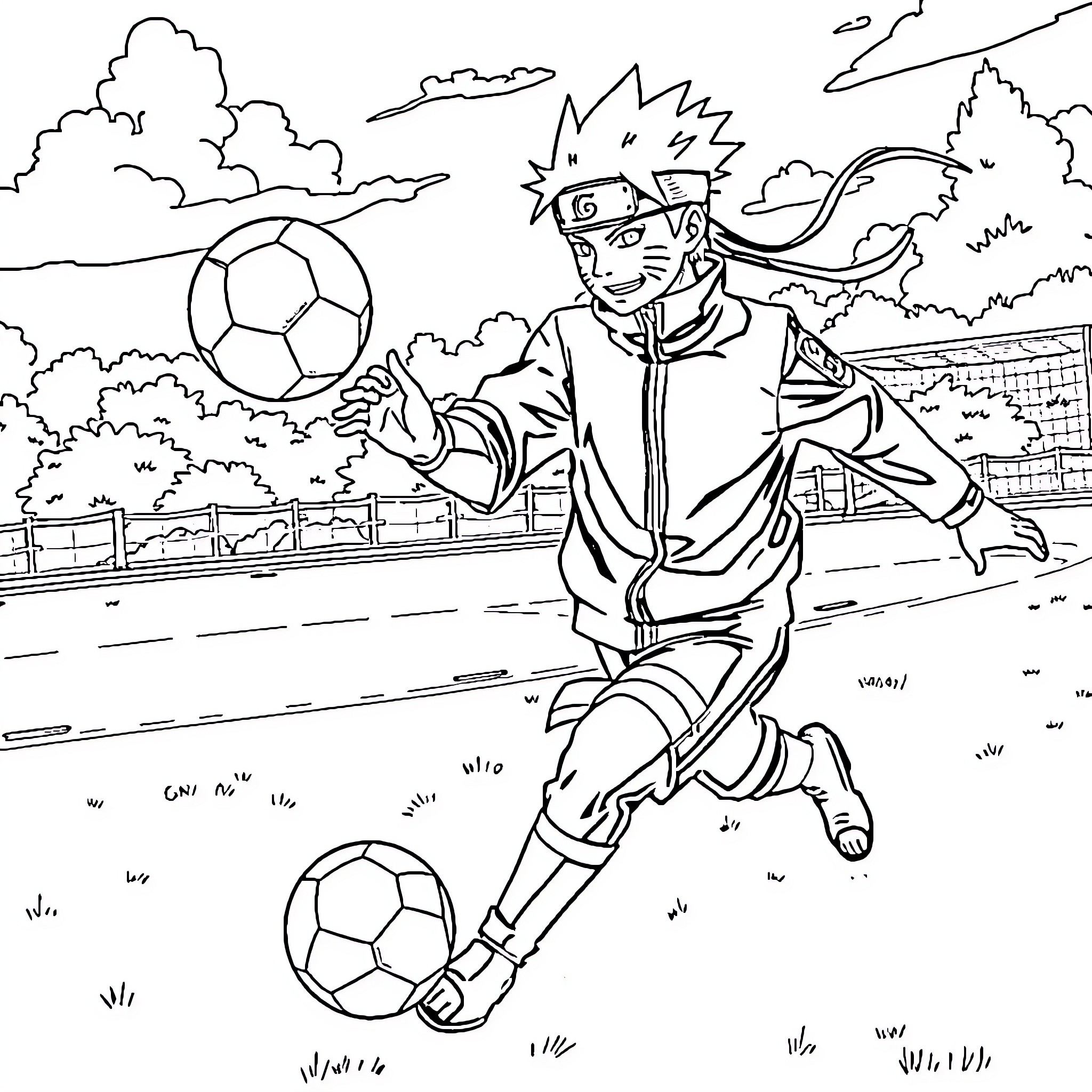 Boruto playing soccer in the park Coloring Page (free black-and-white line drawing printable PDF for all, from beginners to advanced learners, including children, teens, adults, and seniors)