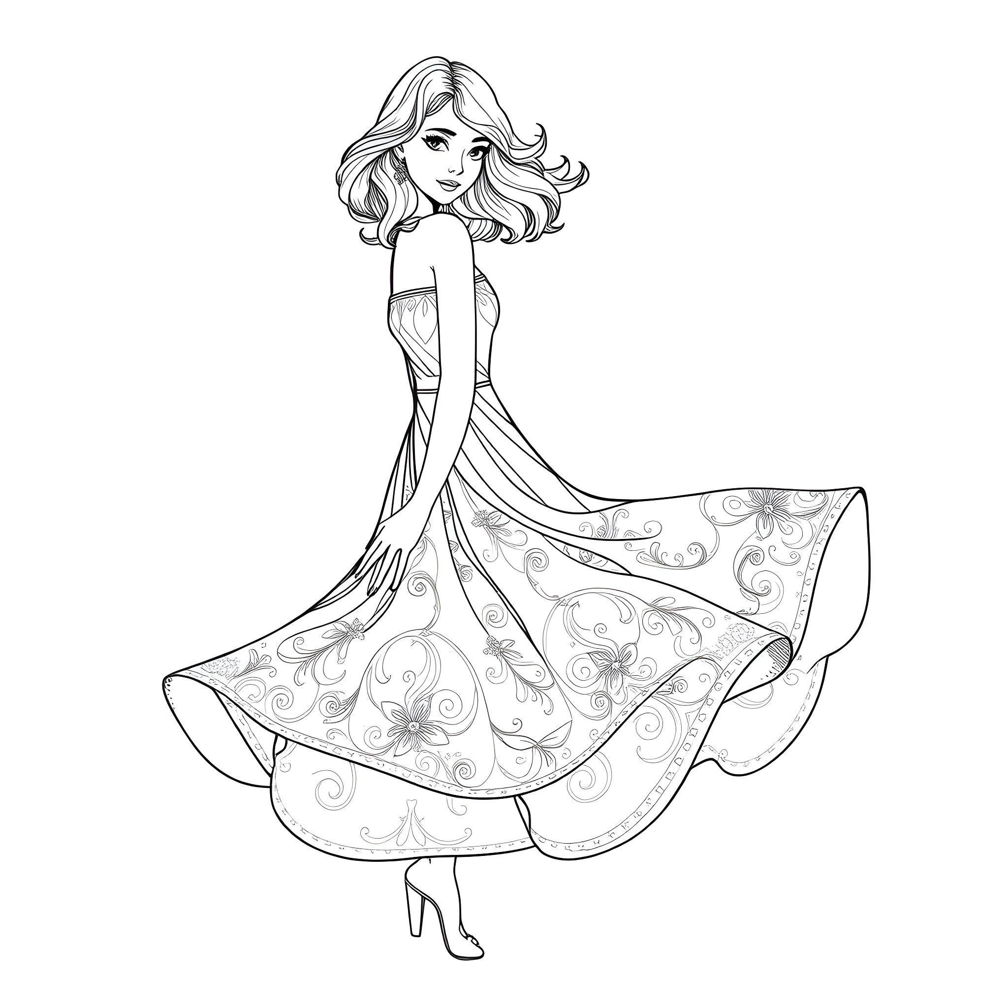 Woman in a flowing patterned dress Coloring Page (free black-and-white line drawing printable PDF for all, from beginners to advanced learners, including children, teens, adults, and seniors)