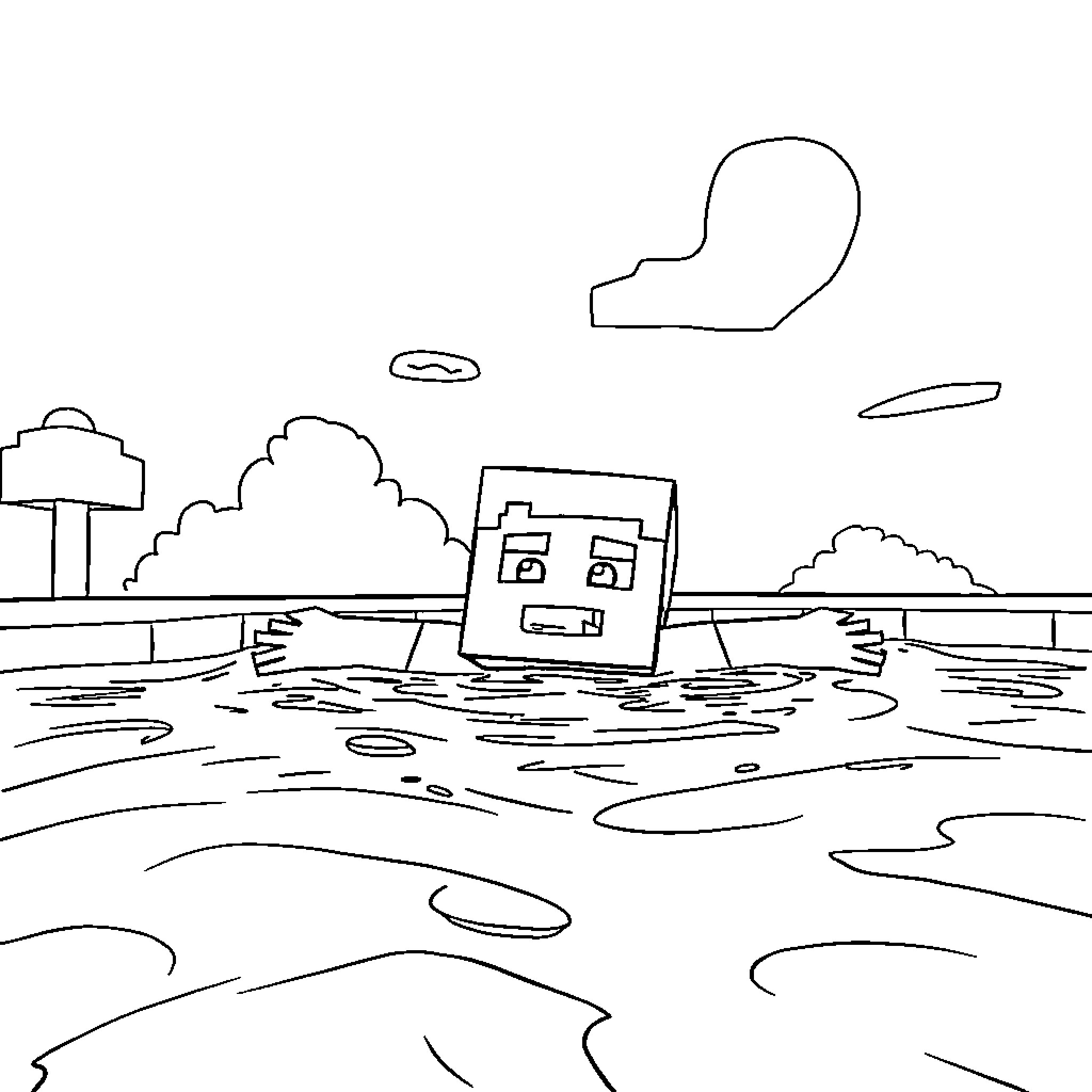 Minecraft adventure in a flooded landscape Coloring Page (free black-and-white line drawing printable PDF for all, from beginners to advanced learners, including children, teens, adults, and seniors)