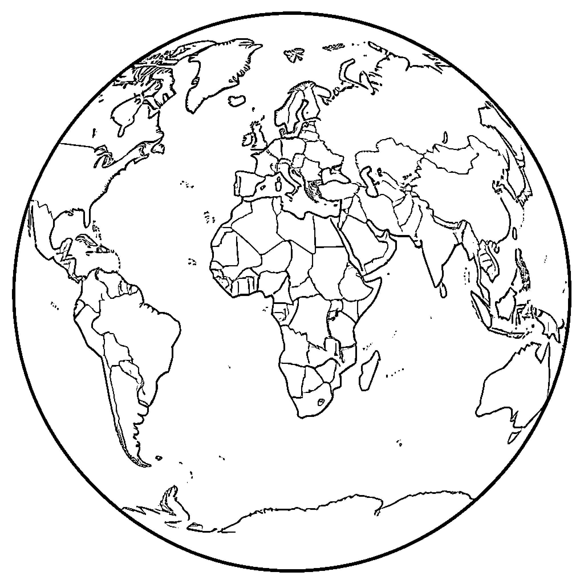 Earth world map outlined in black and white Coloring Page (free black-and-white line drawing printable PDF for all, from beginners to advanced learners, including children, teens, adults, and seniors)