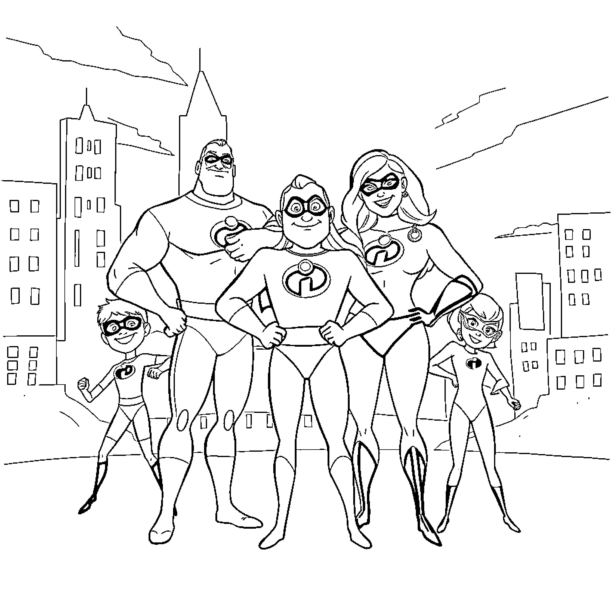 Incredible Family of Superhero Saviors in Action Coloring Page (free black-and-white line drawing printable PDF for all, from beginners to advanced learners, including children, teens, adults, and seniors)