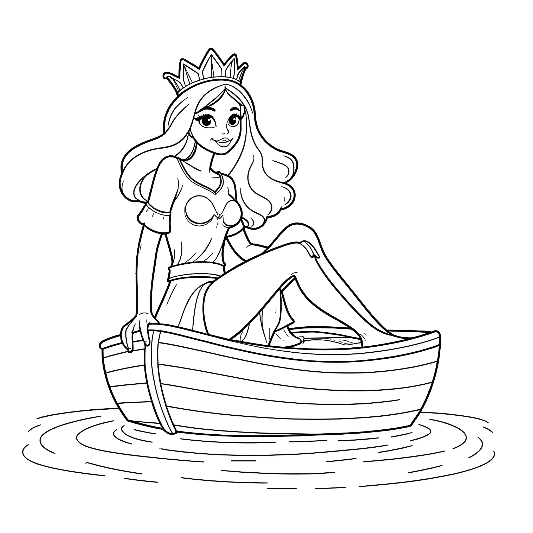 Queen Poppy sitting in a boat Coloring Page (free black-and-white line drawing printable PDF for all, from beginners to advanced learners, including children, teens, adults, and seniors)