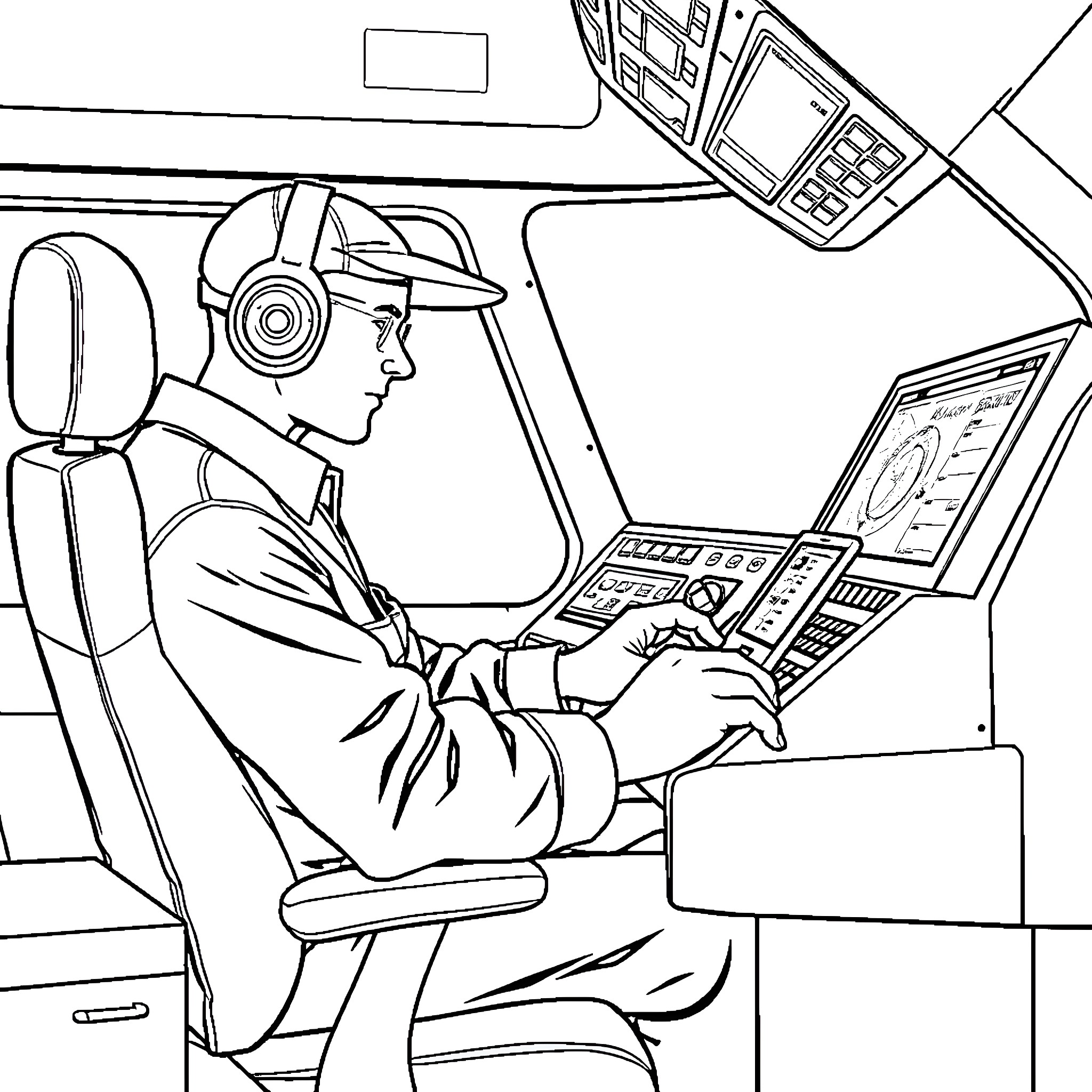 Operator controlling vehicle's systems and instruments Coloring Page (free black-and-white line drawing printable PDF for all, from beginners to advanced learners, including children, teens, adults, and seniors)