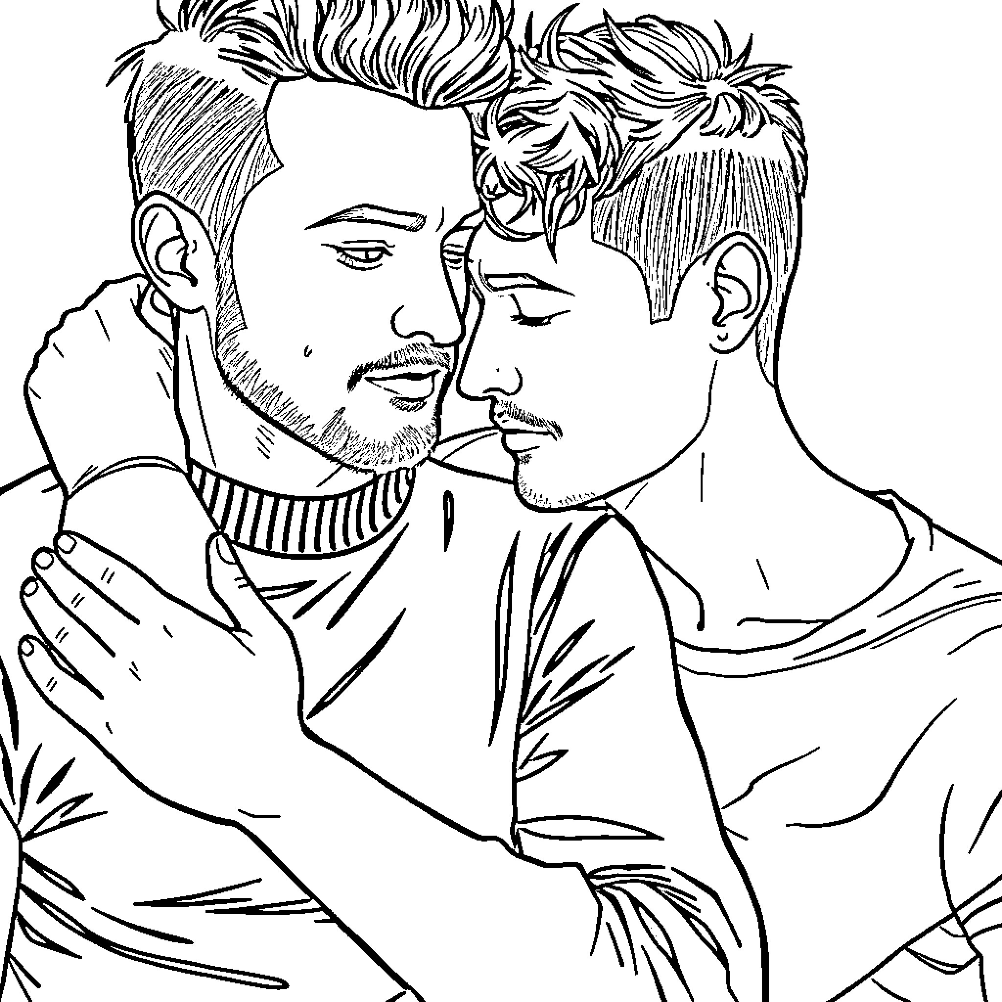 Man embracing another man with affection Coloring Page (free black-and-white line drawing printable PDF for all, from beginners to advanced learners, including children, teens, adults, and seniors)