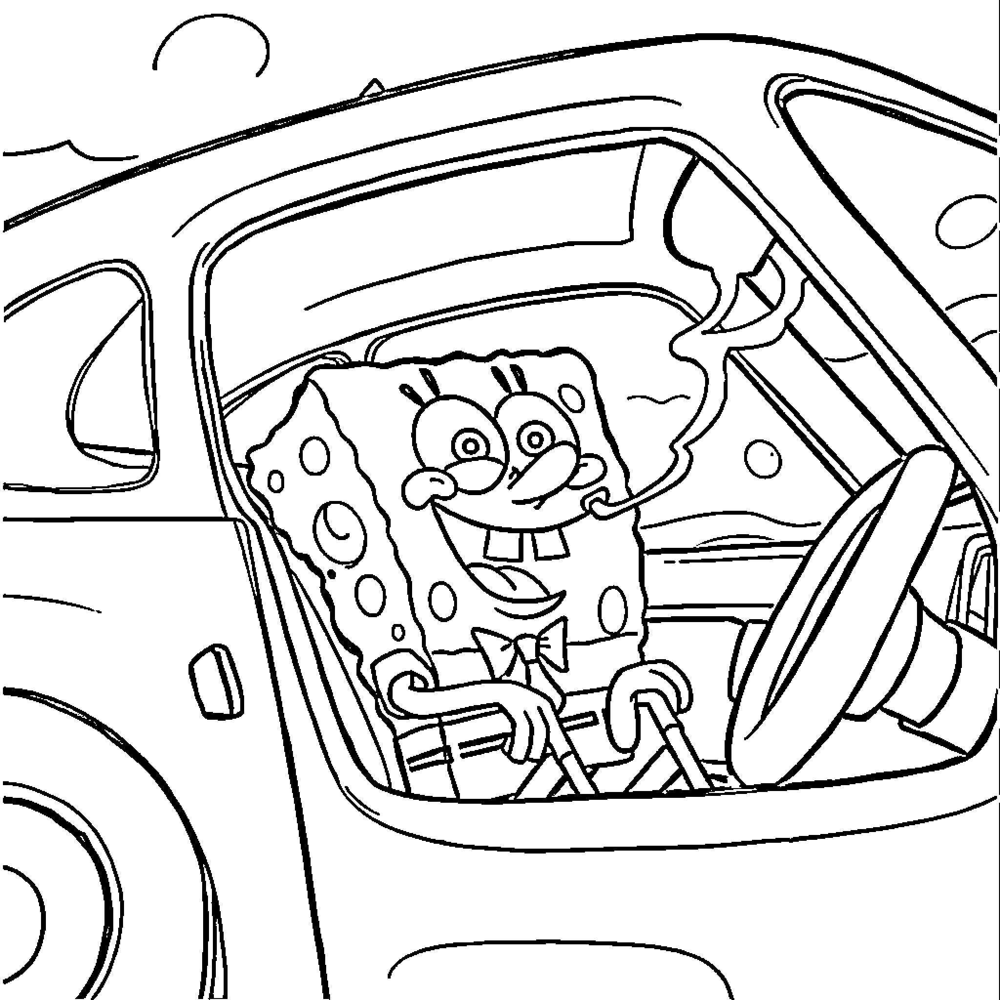 Spongebob driving car with goofy expression Coloring Page (free black-and-white line drawing printable PDF for all, from beginners to advanced learners, including children, teens, adults, and seniors)