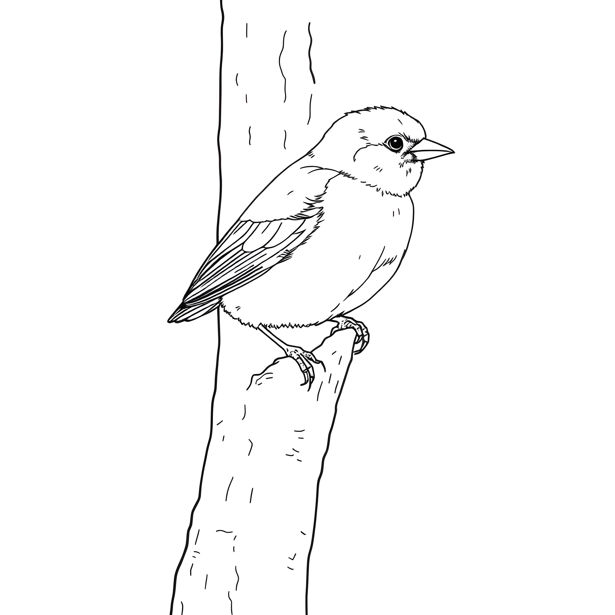 Saffron Finch perched on a tree branch Coloring Page (free black-and-white line drawing printable PDF for all, from beginners to advanced learners, including children, teens, adults, and seniors)