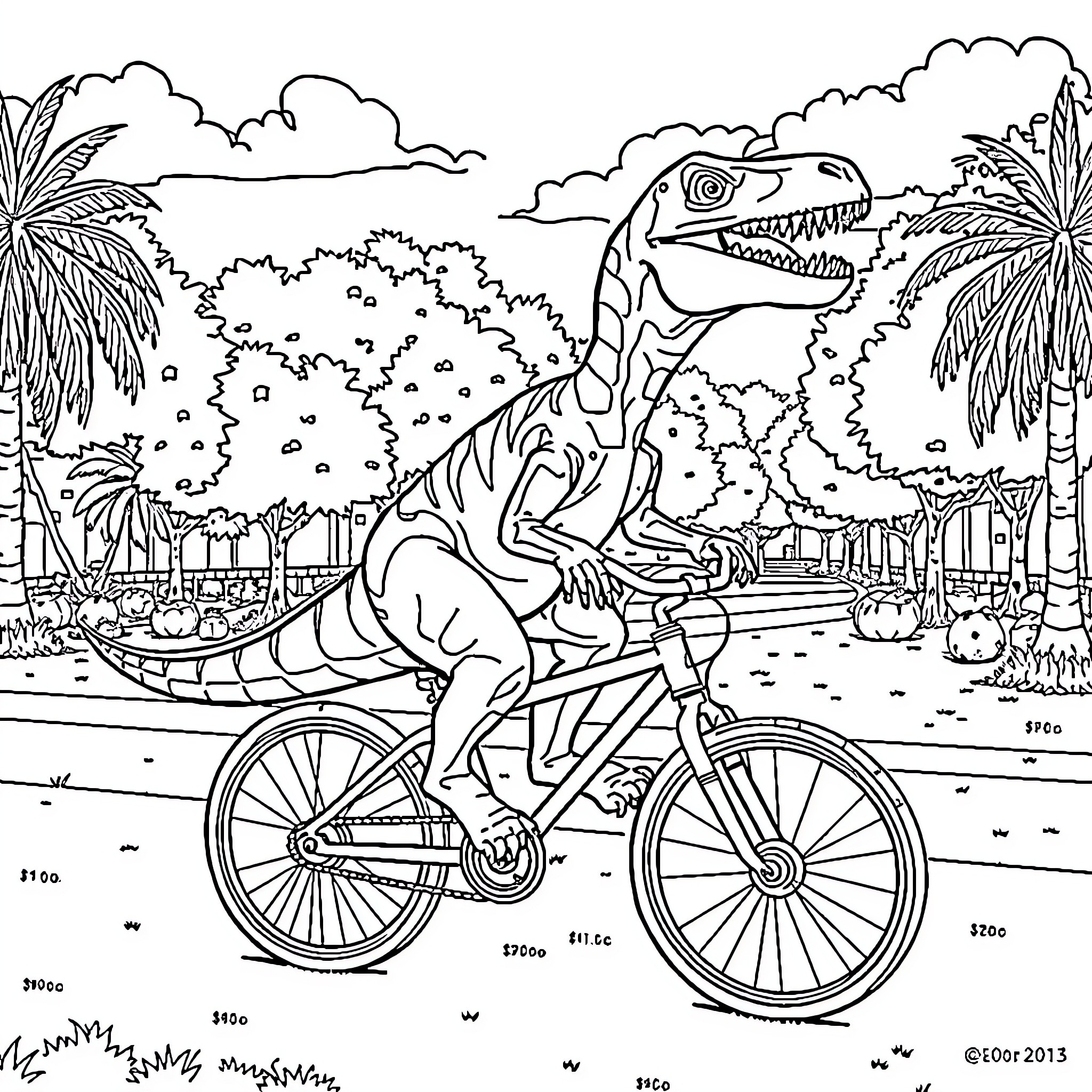 Velociraptor riding bicycle through tropical landscape Coloring Page (free black-and-white line drawing printable PDF for all, from beginners to advanced learners, including children, teens, adults, and seniors)