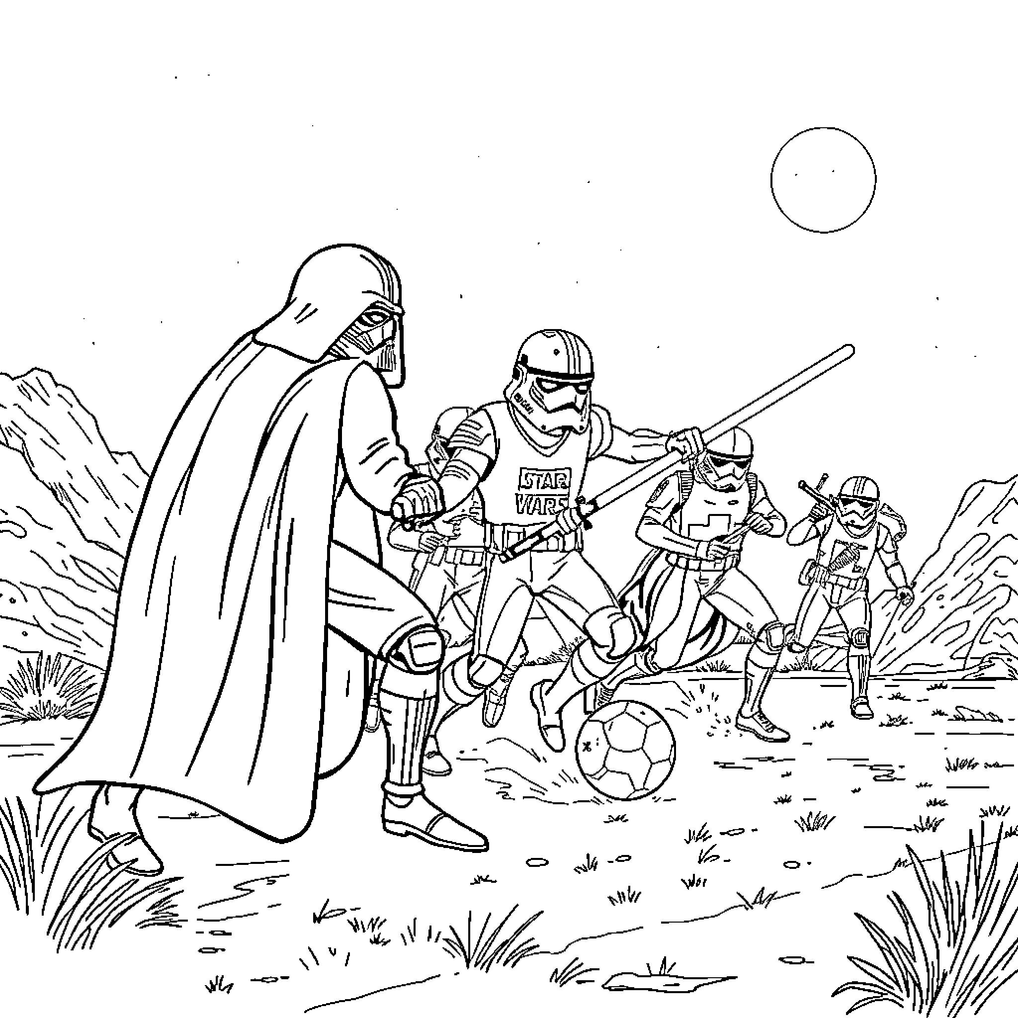 Star Wars characters playing soccer in a desert landscape Coloring Page (free black-and-white line drawing printable PDF for all, from beginners to advanced learners, including children, teens, adults, and seniors)
