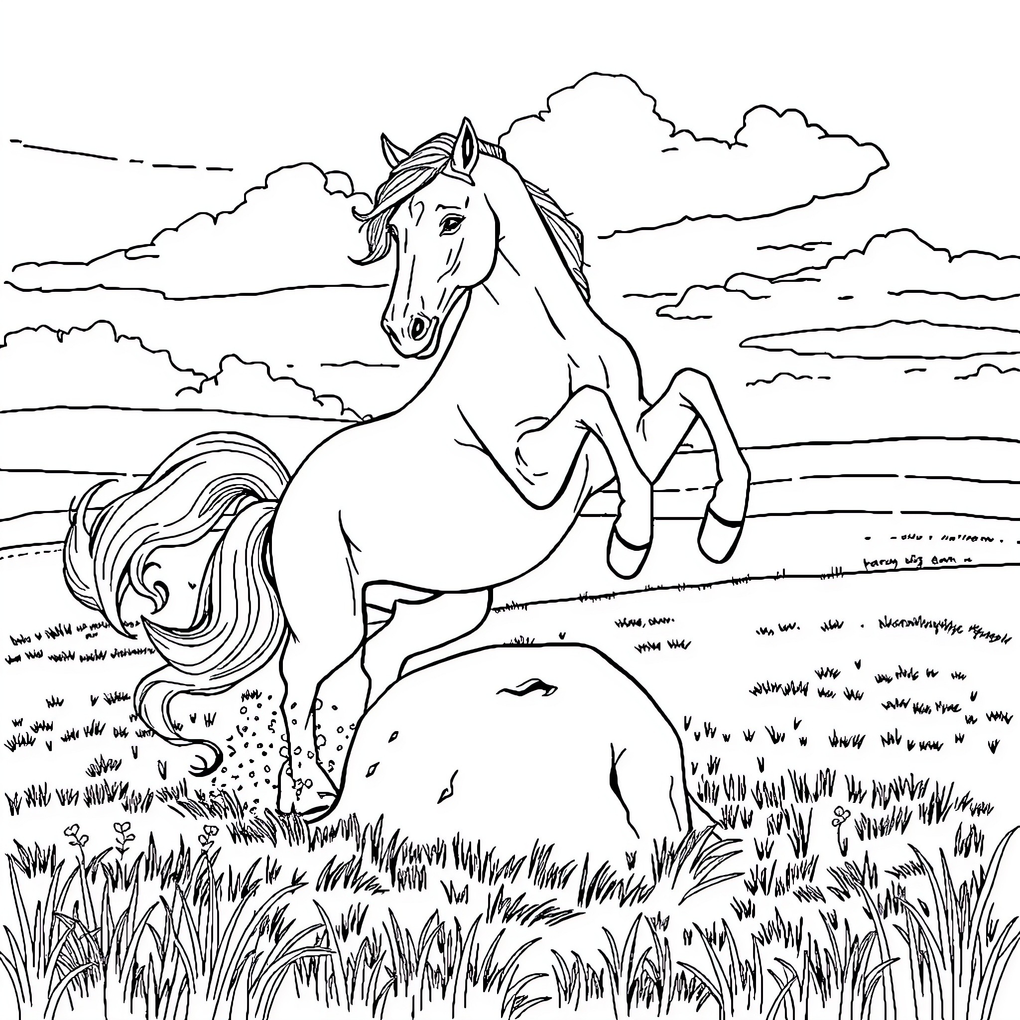 Horse galloping freely in a grassy field Coloring Page (free black-and-white line drawing printable PDF for all, from beginners to advanced learners, including children, teens, adults, and seniors)