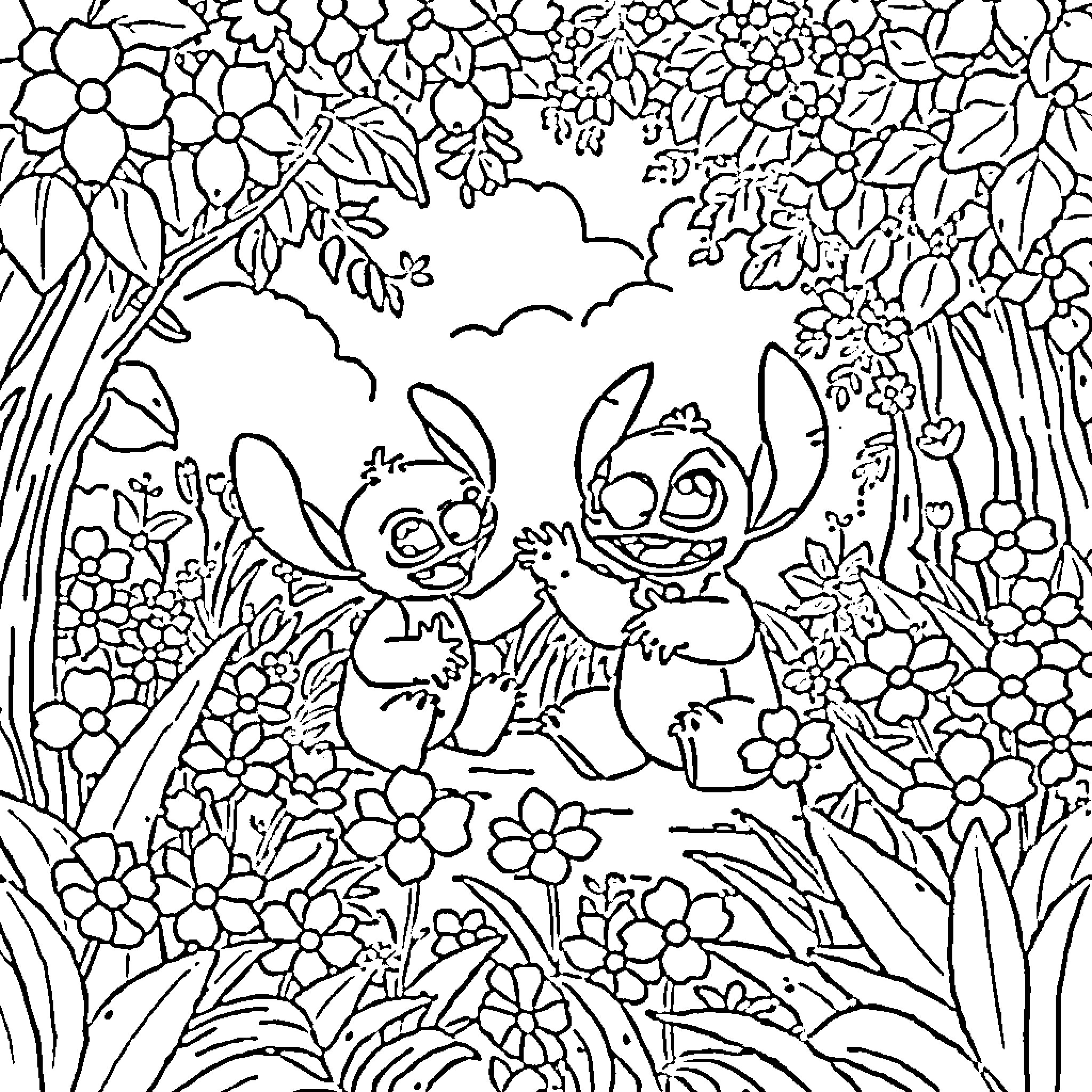 Lilo and Stitch in a Floral Garden Coloring Page (free black-and-white line drawing printable PDF for all, from beginners to advanced learners, including children, teens, adults, and seniors)